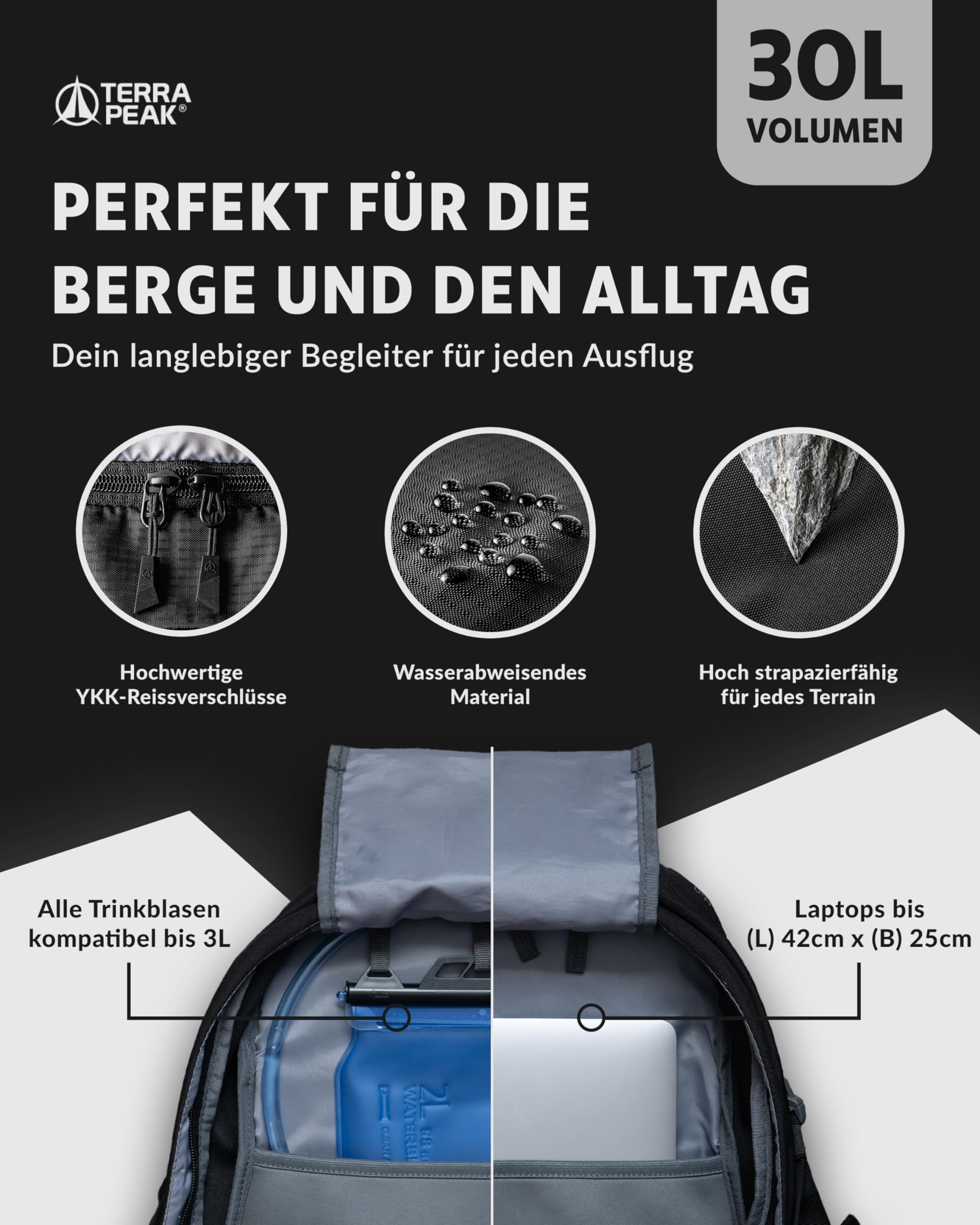 Terra Peak® Premium Wanderrucksack 30L (FLEX 30) für Damen & Herren mittelgroß mit Rückenbelüftung, Regenschutz & Trinksystem-Halterung - Trekkingrucksack ergonomisch aus 3D Air Mesh & Hüftgurt