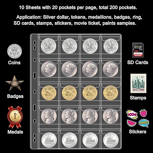 Vista 9 de 42 páginas de monedas de bolsillo para coleccionistas, 10 hojas de monedas, fundas para monedas, suministros de coleccionista de sellos con 9 Página