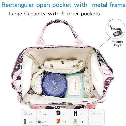 Miniatura 9 de Qwreoia - Bolsas de pañales florales para bebé bolsa de bebé con puerto de carga USB y bolsillo aislado para mujeresniñasmamániños pequeños patrón