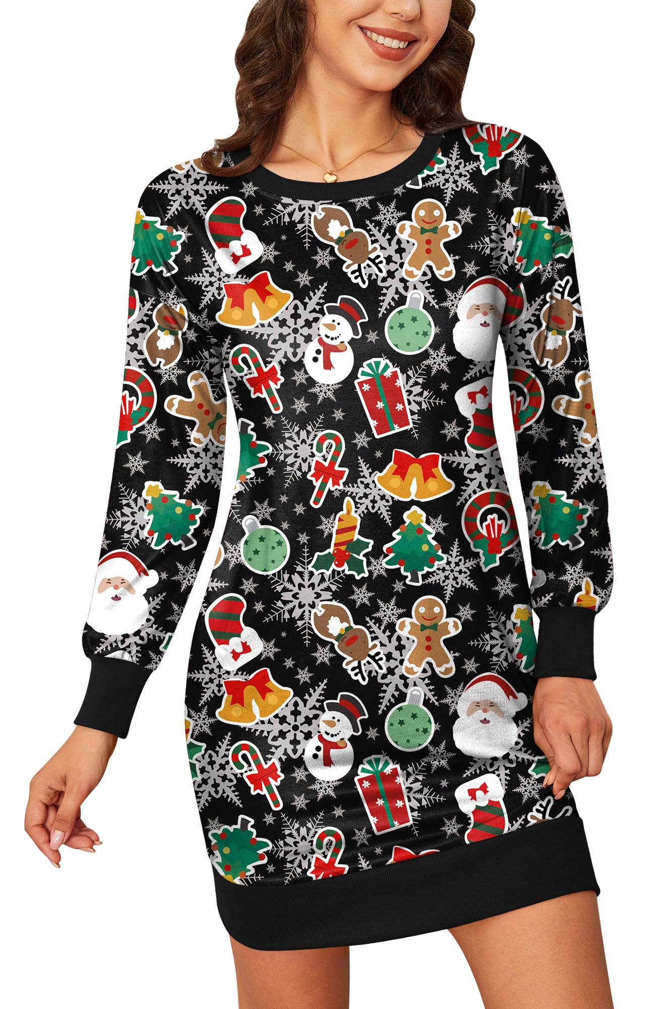 BesserBay Weihnachten Damen Langarm Weihnachtskleid Rundhals Lustige Christmas Midikleid Weihnachtsbaum S
