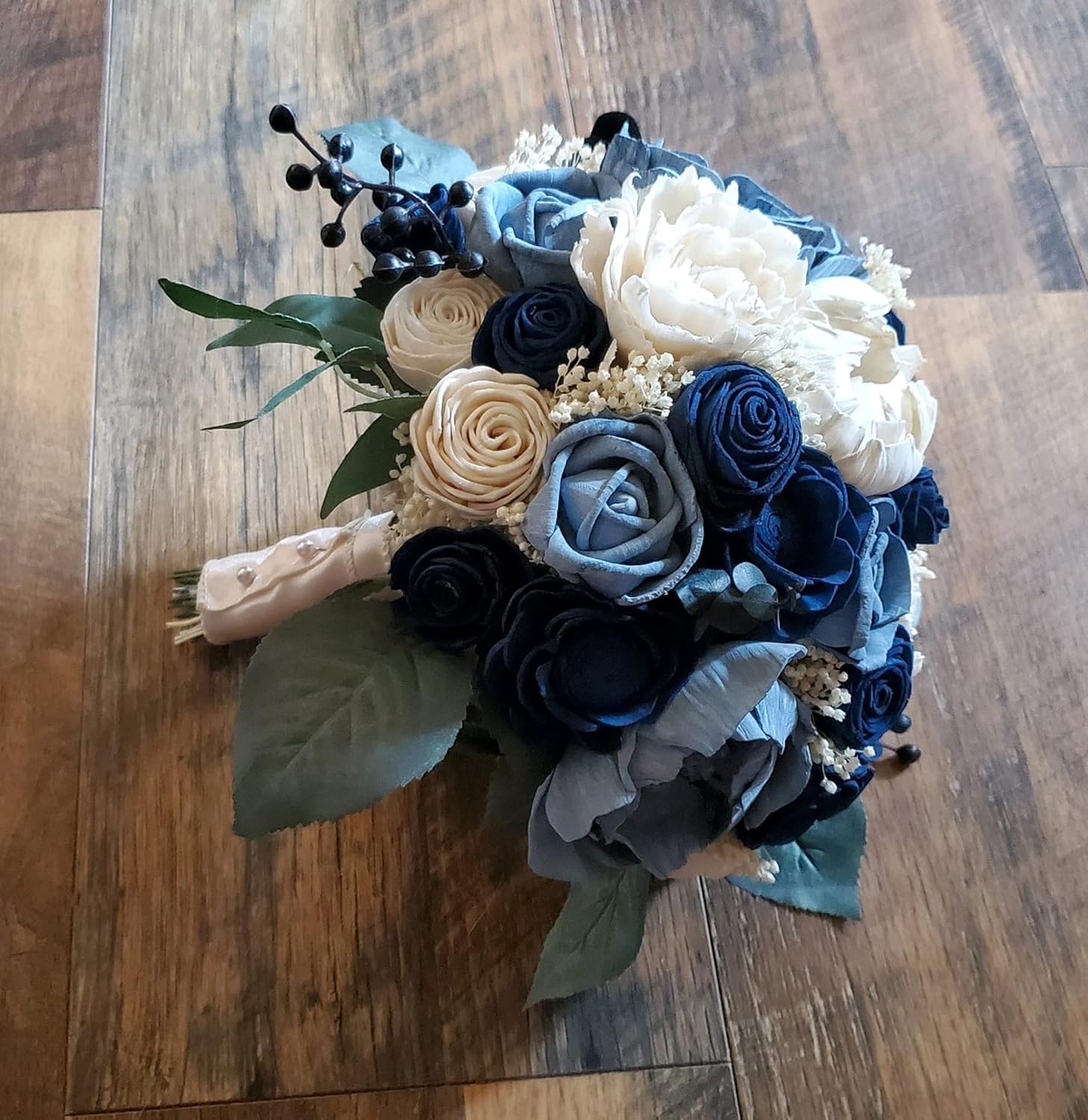 Navy Dusty Blue White Bridal Bouquet, Dusty Blue Navy Sola Wood Flower Bouquet, Dusty Blue Navy Wedding Flowers, Blue White Bridal Bouquet