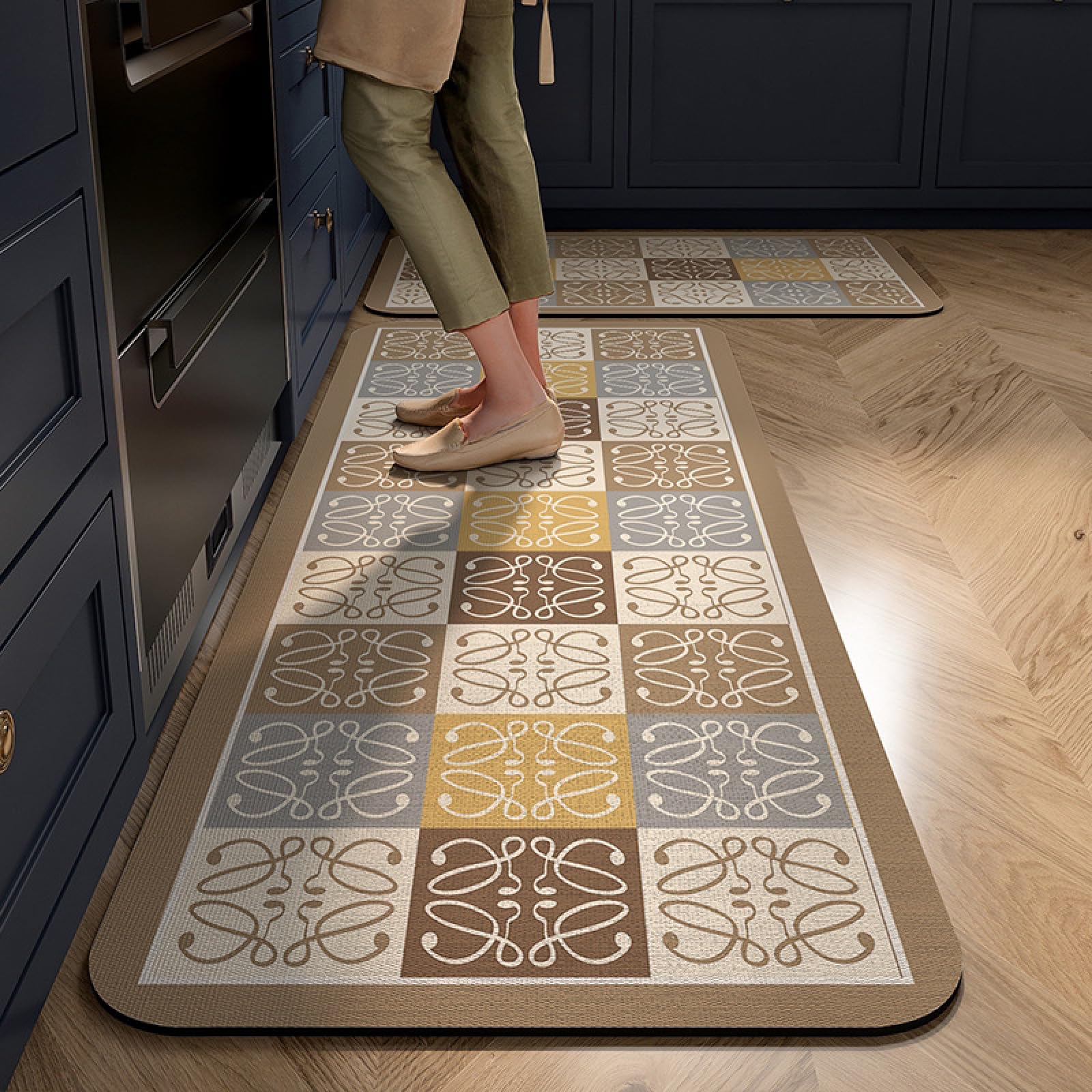 Tapis Cuisine 50X80Cm+50X160Cm Jaune Marron Tapis De Cuisine Anti-Fatigue Au Design Moderne,Antidérapant Et Lavable,pour L'Intérieur,pour Couloir Et Le Salon