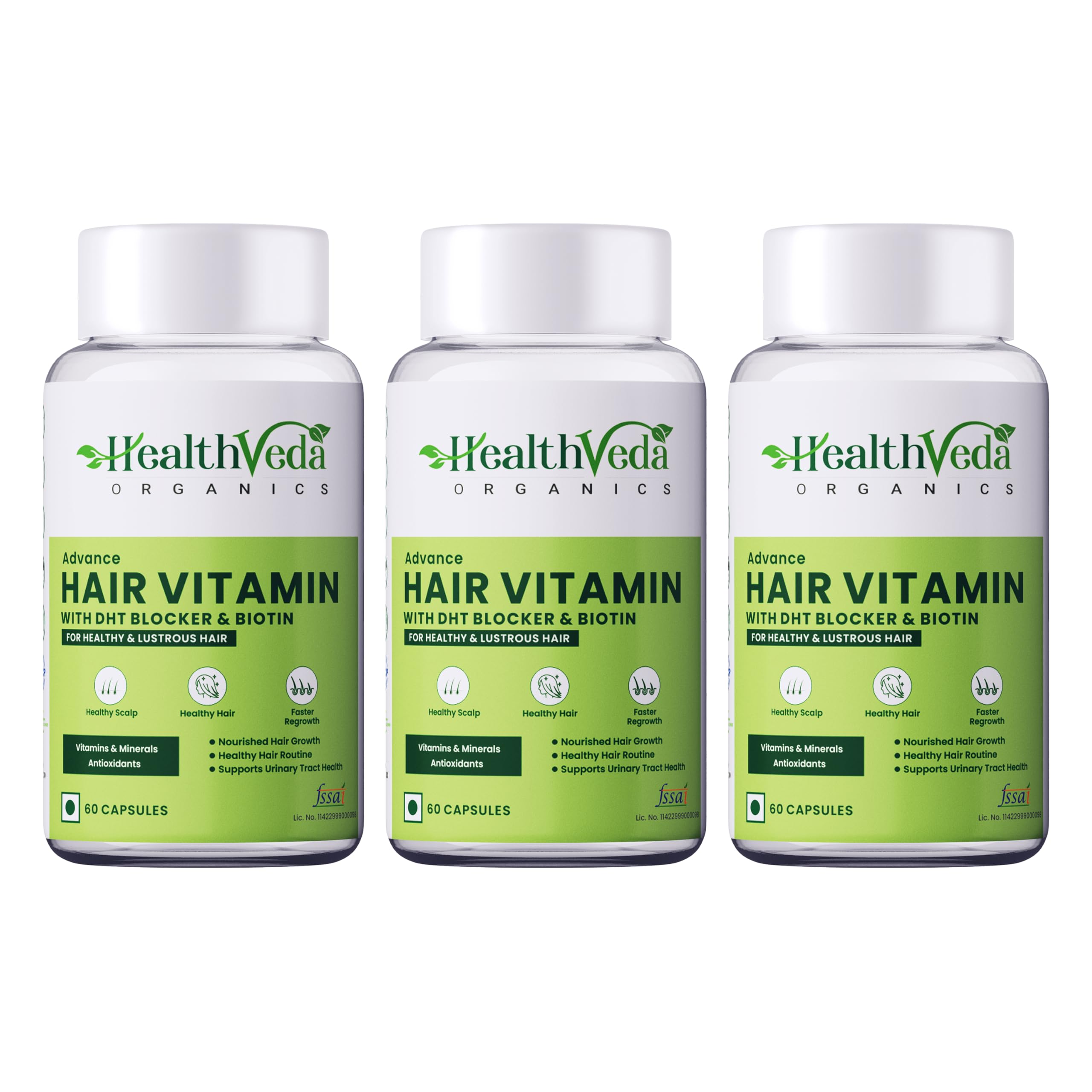 Health Veda Organics Advanced Hair Vitamin Nutrition | 60 Veg Capsules (Pack of 3) | Biotin + DHT Blocker for Hair Growth, Thickness & Hair Fall Control | For Men & Women