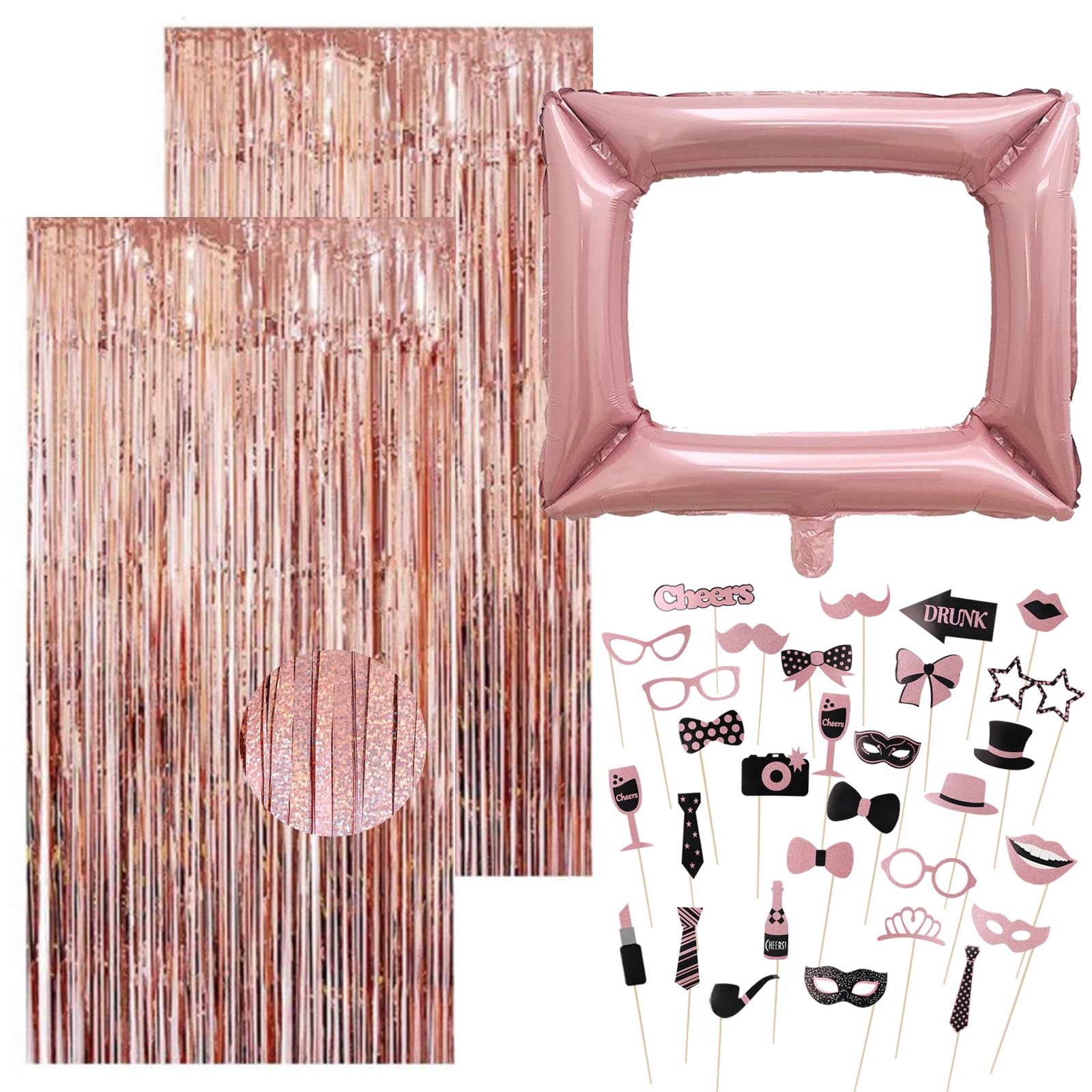 33Pcs Photo Booth Props Set, 1Pcs Inflatable Photo Booth Frame & 2Pcs Metallic Tinsel Curtains & 30Pcs Funny Selfie Props Accessories for Birthday Wedding Party Decorations for Men Women, Pink