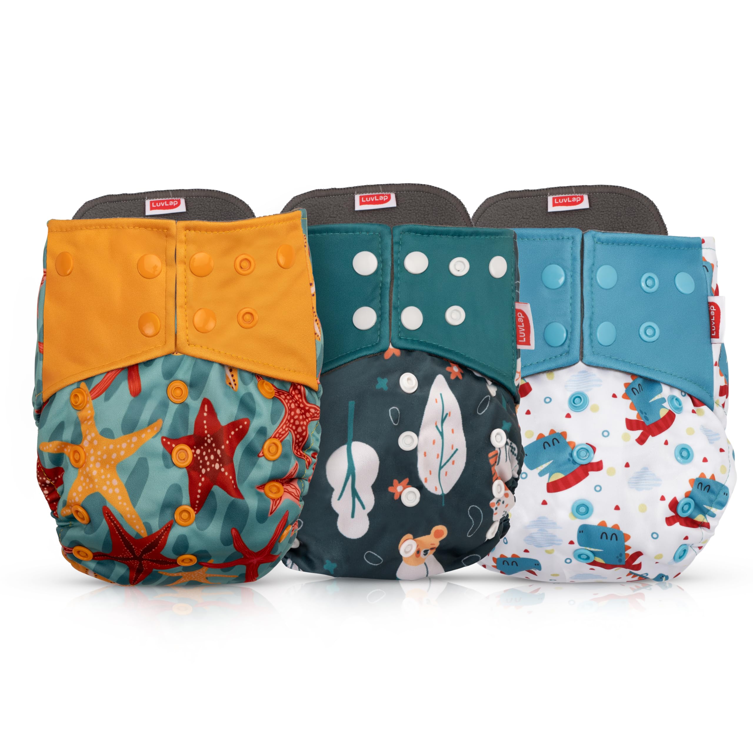 LuvLap Reusable Baby Cloth Diapers Combo Pack of 3, Blue & Pink, Blue Ships, Blue Stars, Double Leak Guard, High Absorption, Stain-Proof Comfort & Protection, 3m+