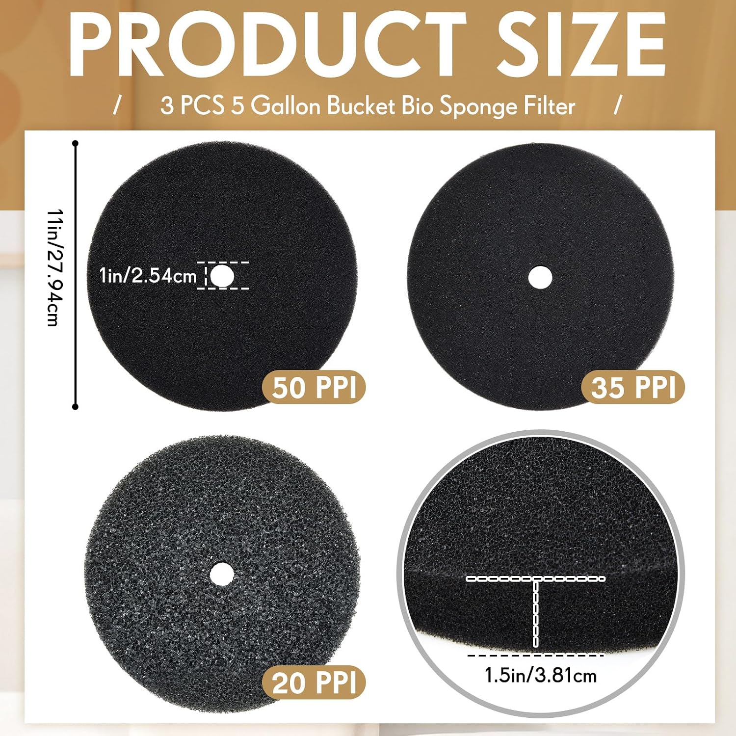 Wonderjune 3 Pcs 5 Gallon Bucket Sponge Filter 11" Aquarium Pond Sponge Filter DIY Foam Sponge Replacement Rounded, 3 Densities Cut to Size Foam for Aquarium Fish Tank Pet Filter (20-35-50ppi Set)