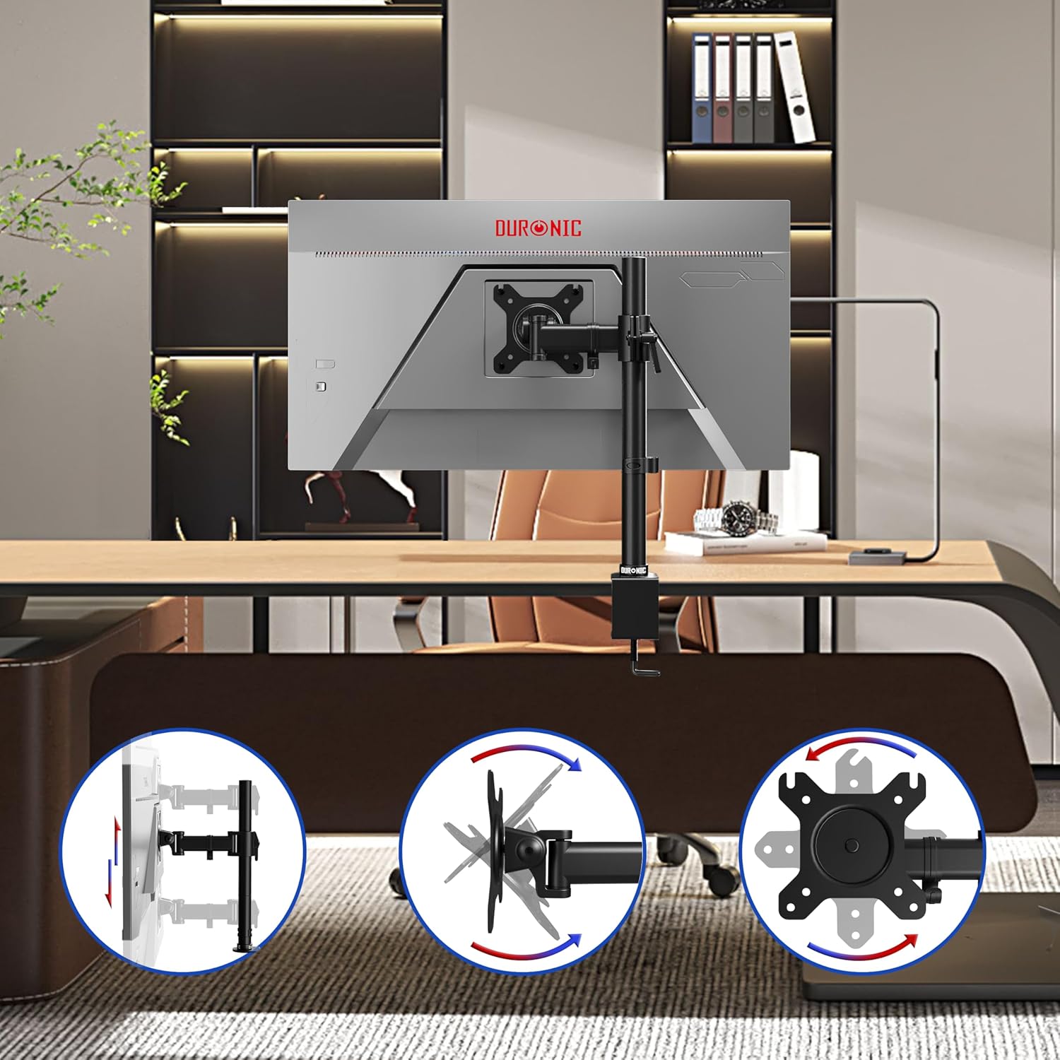 Duronic Single Monitor Arm Stand DM251X2 | PC Desk Mount | Steel | Height Adjustable | for One 13-27 Inch LED LCD Screen | VESA 75/100| 17.6lbs Capacity | Tilt -90°/+35°, Swivel 180°, Rotate 360°