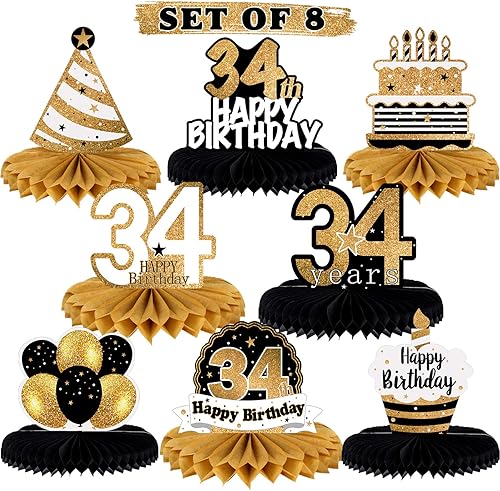 Miniatura 130 de LINGTEER Decoración feliz 50 cumpleaños negro y dorado de papel para mesa - Juego de centros de mesa con estrella de pastel y globo, 8 piezas