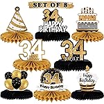 LINGTEER Happy 34th Birthday Table Honeycomb Centerpieces Cheers to 34th Birthday 34 Years Old Party Table Decorations Gift Sign.