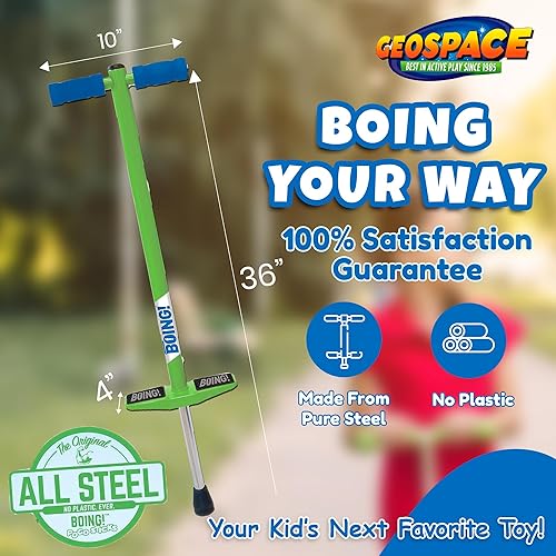 Miniatura 4 de Geospace Jumparoo BOING! JR. Steel POGO STICK by Air Kicks, pequeño para niños de 50 a 90 libras, diversión activa al aire libre que promueve el
