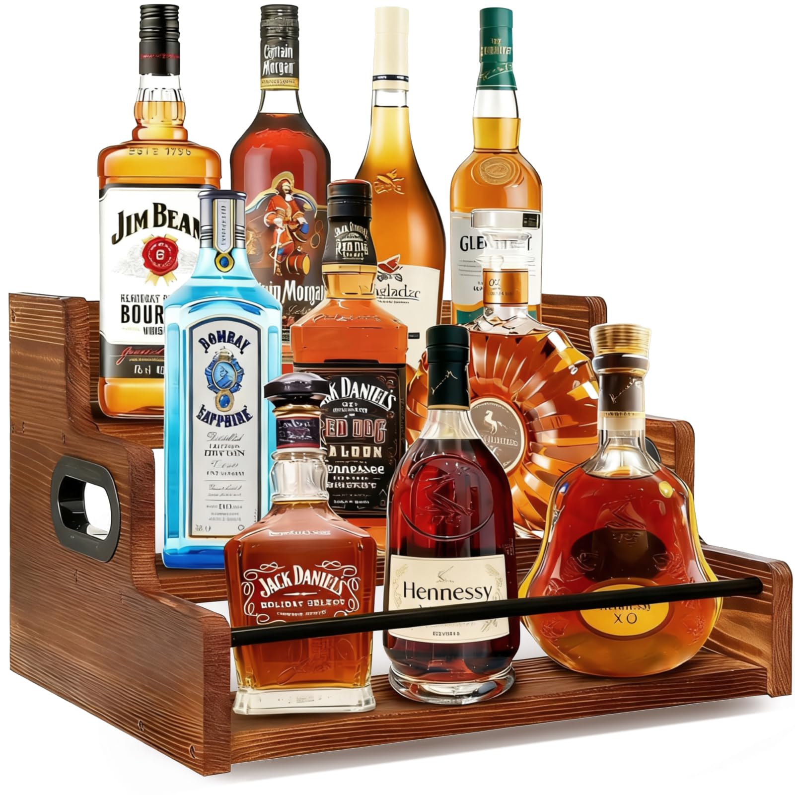Solid Wood Liquor Bottle Display Shelf Countertop Liquor Rack 3 Tier Coffee Syrup Organizer for Whiskey, Wine, Home Bar Bottles