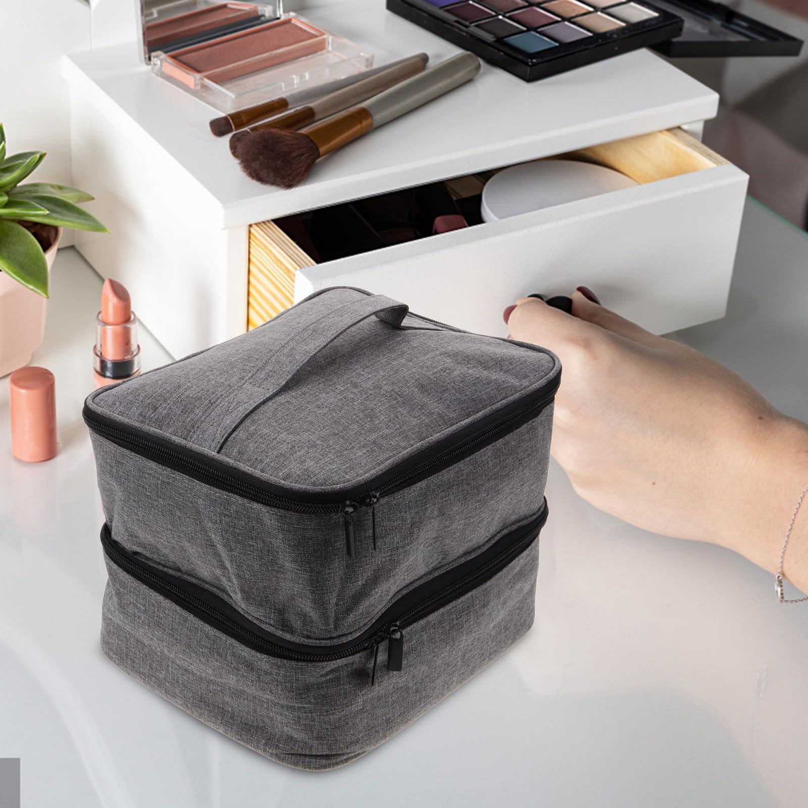 Nagellack mit Großer Kapazität Aufbewahrungstasche aus Gewebe Doppellagige Praktische Kosmetiktasche für Nagellack und Ätherische Ölflaschen für Maniküre Zubehör