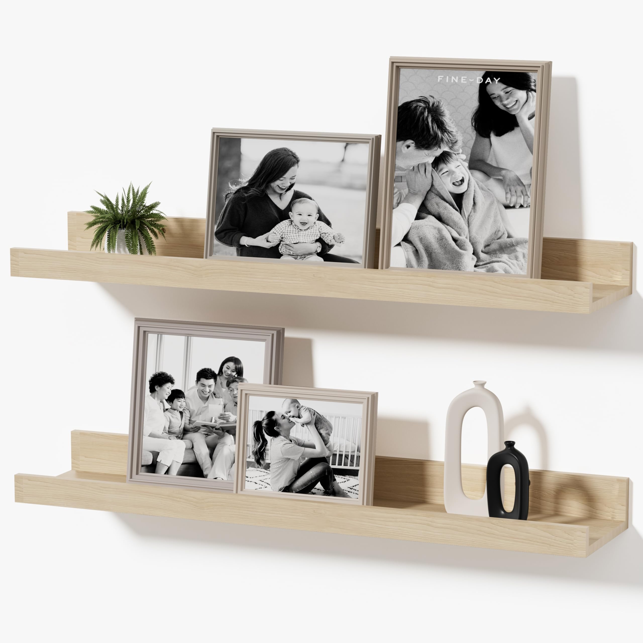 16 Inch Oak Floating Picture Ledge Shelves 2-Pack, Wall Mounted Rustic Display Shelves with Lip for Living Room, Bedroom & Nursery, Farmhouse Wall Décor for Plants, Books & Photo Frames
