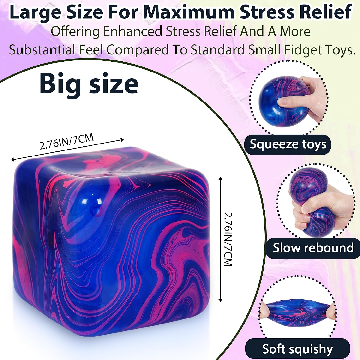 Large Veined Ice Cube Squishy Toy, 7cm (2.76 Inch) Big Stress Cube, Soft Sensory Fidget Toy for Anxiety Relief and Focus for Youth Adults, Squishy Ball (Blue)