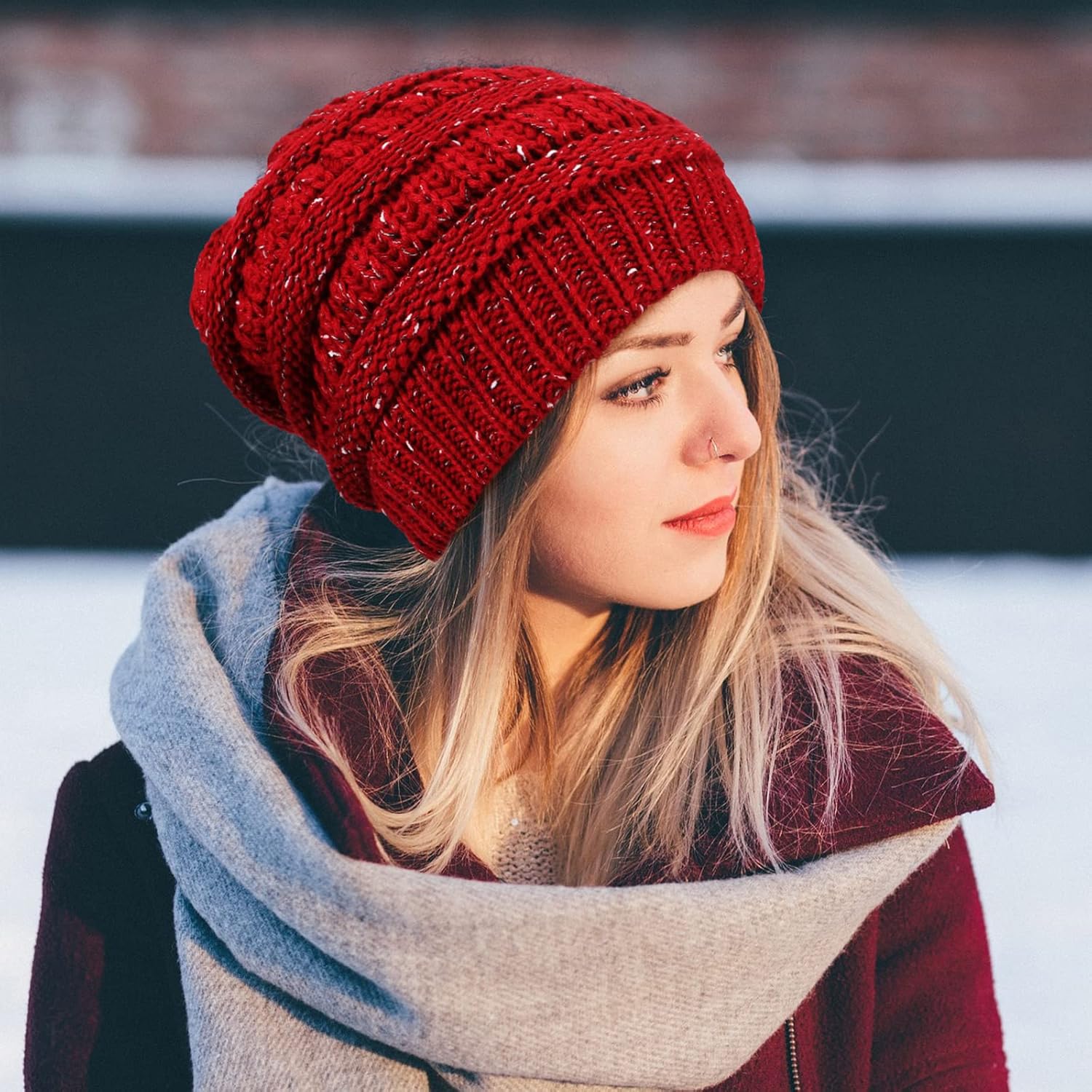 6 Pieces Winter Knitted Satin Lined Beanie Hats for Women Satin Lined Cable Thick Chunky Cap Slouchy Cable Beanie Warm Hat - Image 5