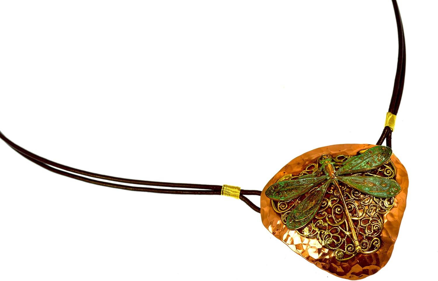 Elaine Coyne Collectible Artwear Patina Neo-Victorian Dragonfly on Filigree Brass and Hammered Copper Pendant - Image 2