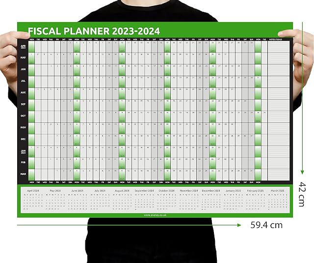 Fiscal 2023 2024 Wall Planner A2 Size (42.0 x 59.4cm) Full Year Calendar Home Office Work