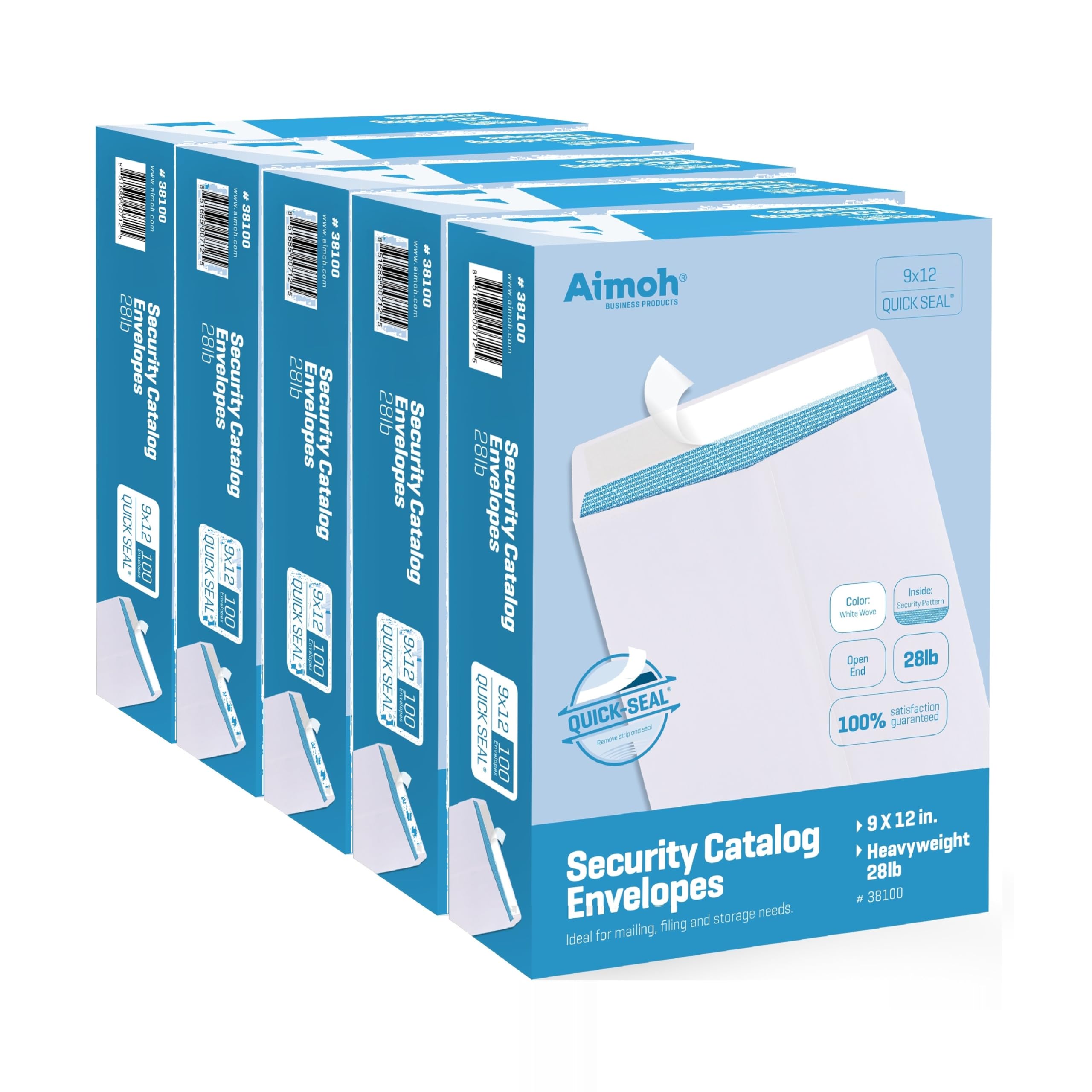 Aimoh 500 9x12 SELF Seal Security White Catalog Envelopes - 1 Case - 5 Packs - 500 Envelopes - 28lb - Security Tinted, Ultra Strong Quick-Seal, 9 x 12