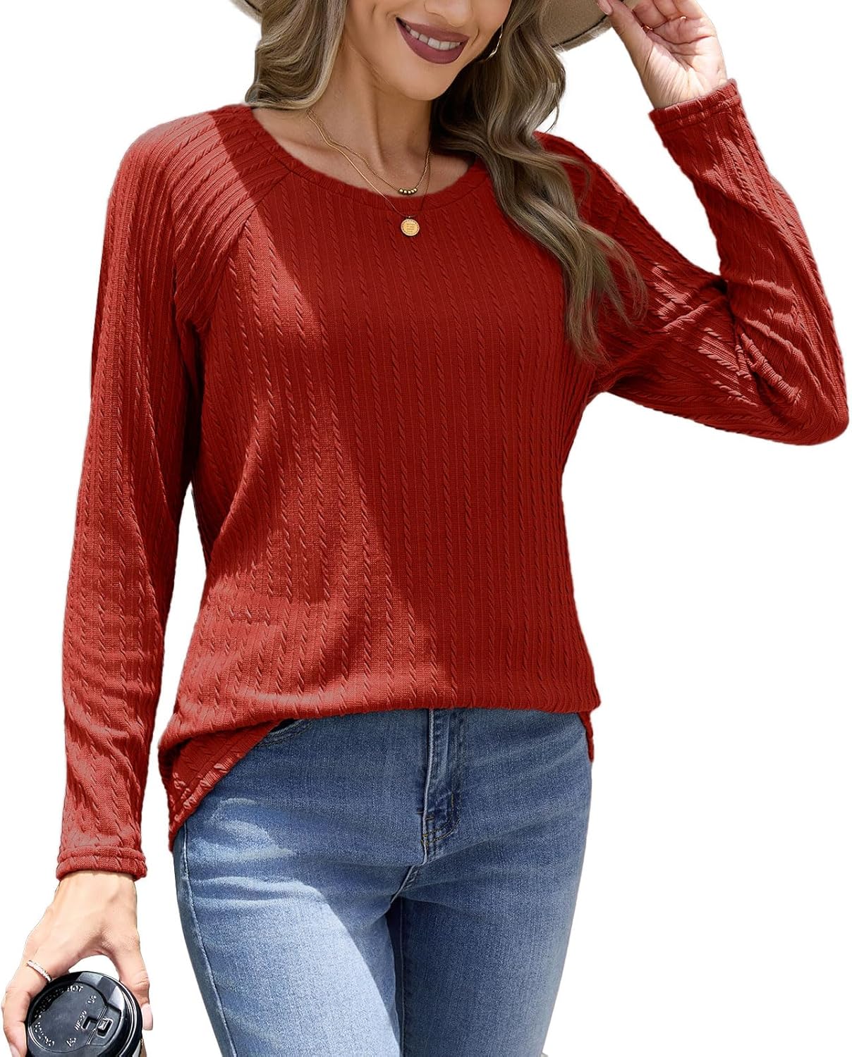Womens 2025 Fall Fashion Long Sleeve Tops Lightweight Trendy Shirts Crewneck Knit Basic Tee - Image 2