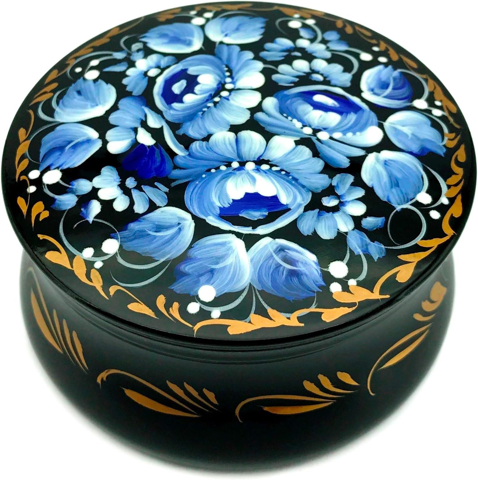 UA CreationsUA Creations Small Round Wooden Box with Floral Painting on Black Lacquer, Ethnic Accent Gift Storage Box for Jewelry