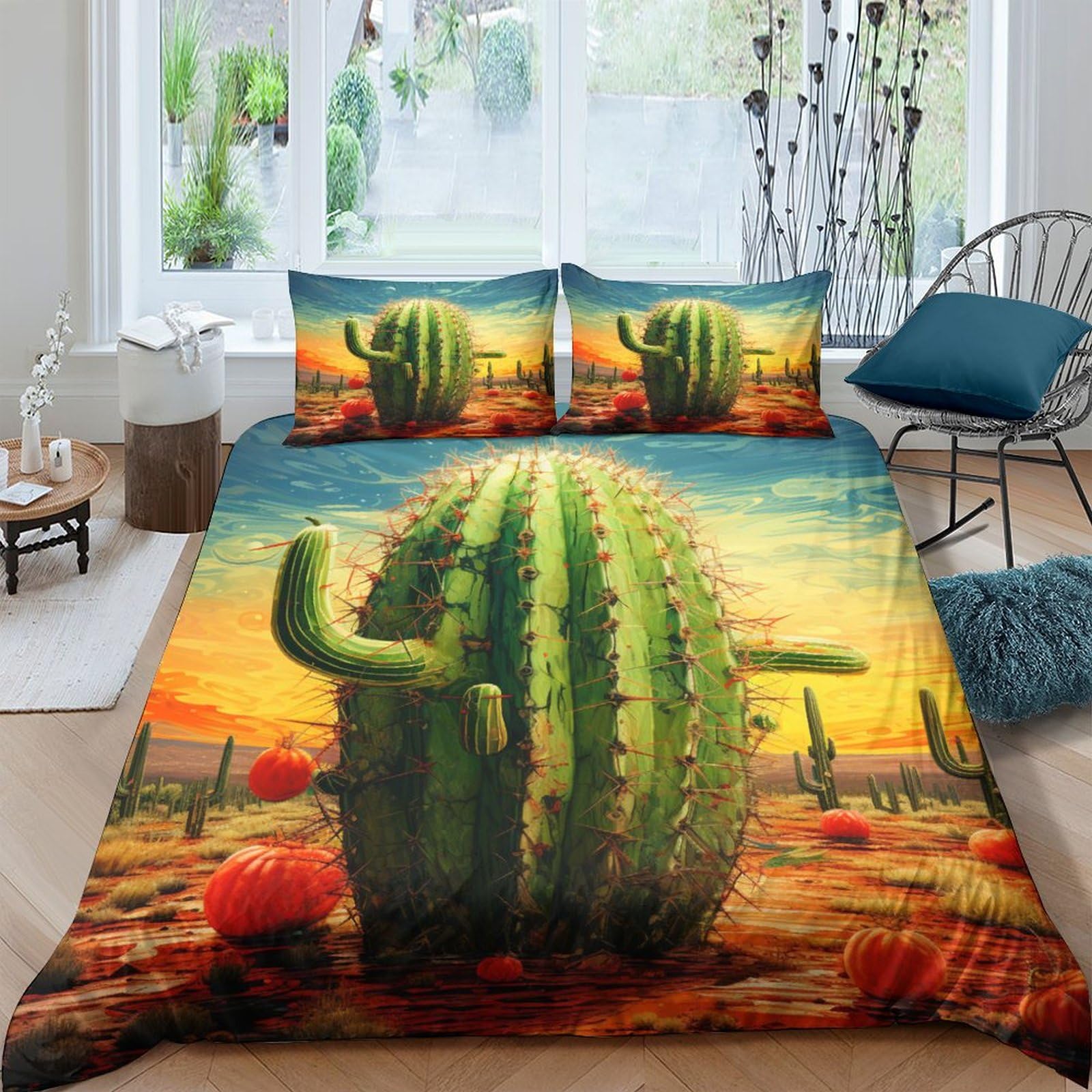 Housse de couette hypoallergénique motif cactus facile d'entretien