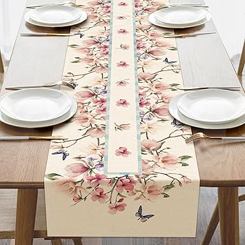 Spring Summer Pink Magnolia Flower Dining Table Runner, Vintage Floral Butterfly Botanical Burlap Kitchen Decoration, Seasonal Indoor Outdoor Home Decor Party Supply 13 x 72 Inches