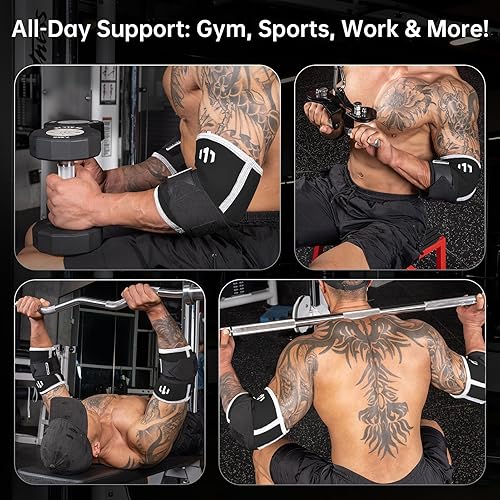 Miniatura 6 de MANUEKLEAR - Coderas de compresión ajustables para levantamiento de pesas (1 par), coderas para levantamiento de pesas para hombres con banda de