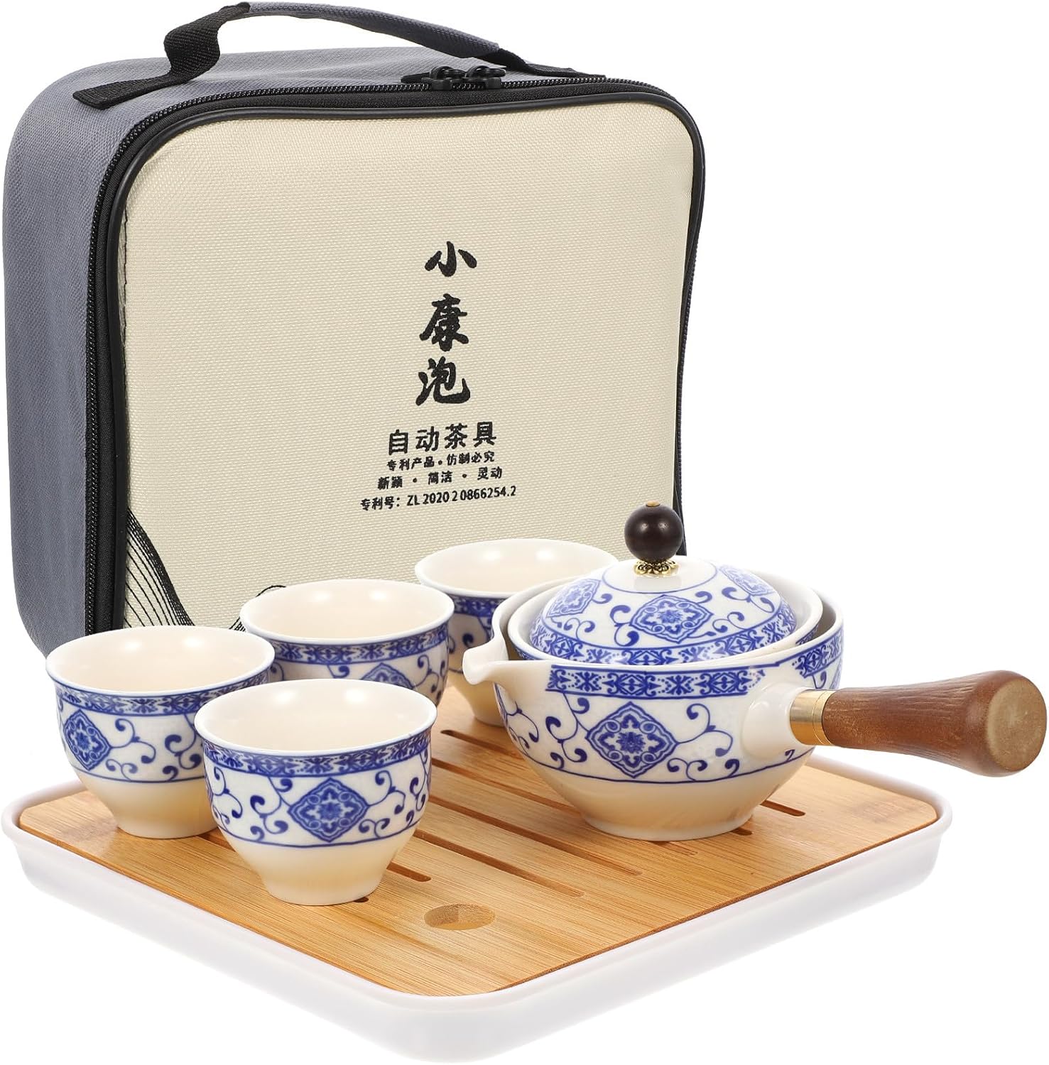Portable Travel Tea Set with Automatic Rotating Teapot and Porcelain Cups, Blue and White Ceramic Material, Compact All-in-one Infusion Kit for Home and Outdoor Use