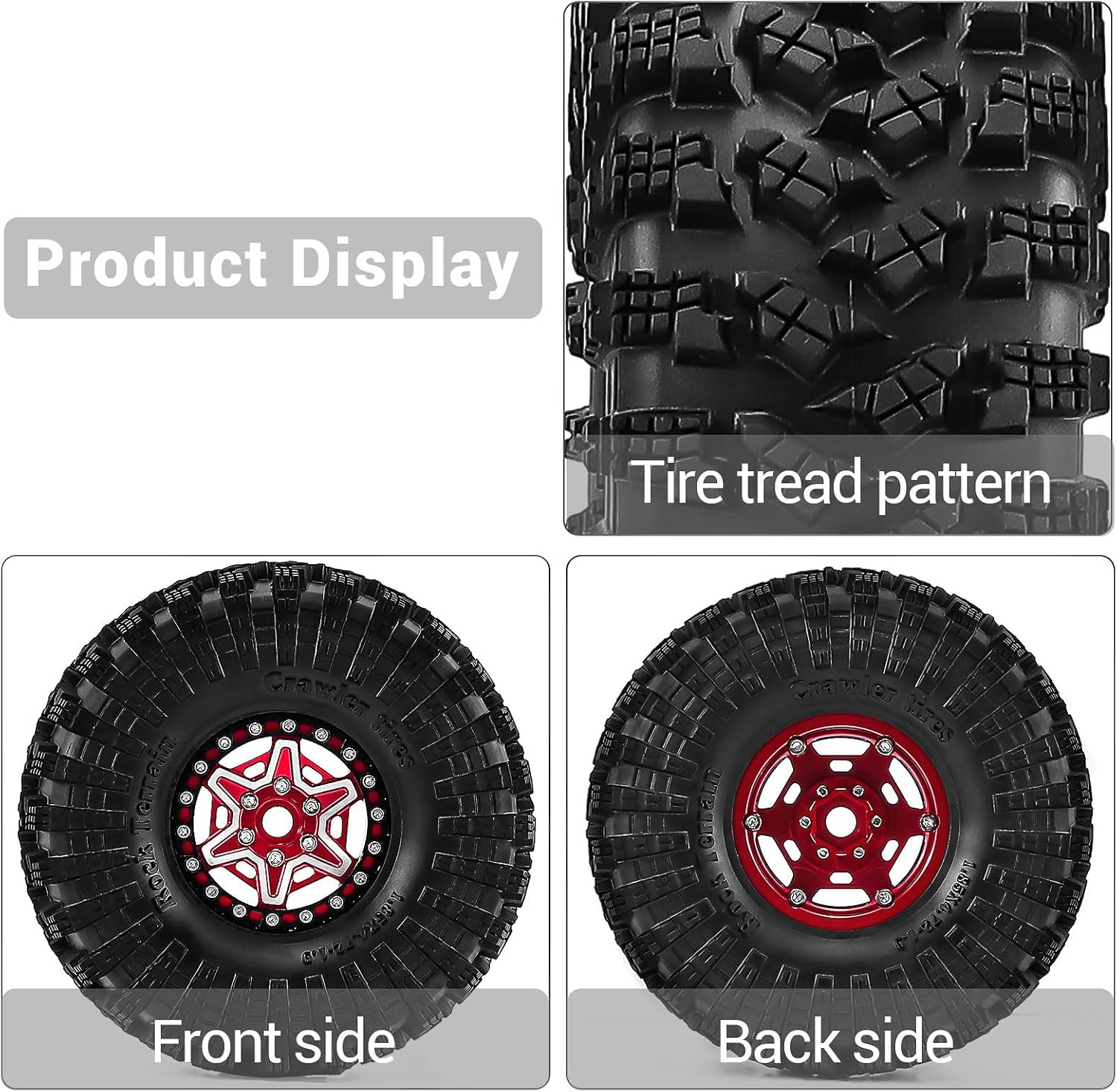 1.9" Alloy Wheels and Rubber Tires 4-Pack, for TRX4, SCX10, SCX10 III, 90046, D90 and Other Popular RC Crawler Models (red)
