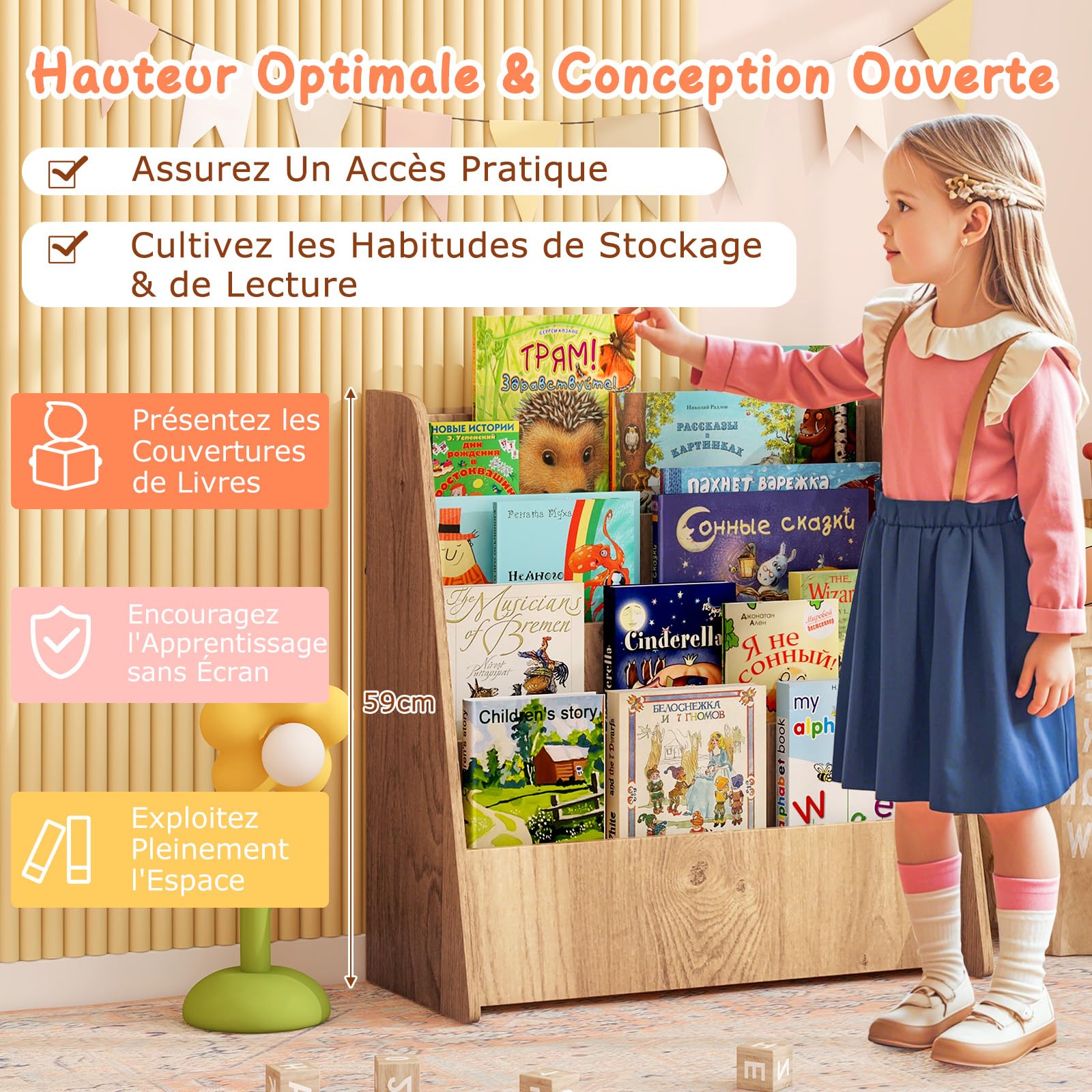 COSTWAY Bibliothèque Enfant en Bois à 4 Niveaux de Compartiments Ouverts, Étagère à Livres avec Patins Antidérapants, Meuble Rangement Jouet Montessori pour Bureau Chambre d’Enfant, 57,5x26,5x59cm