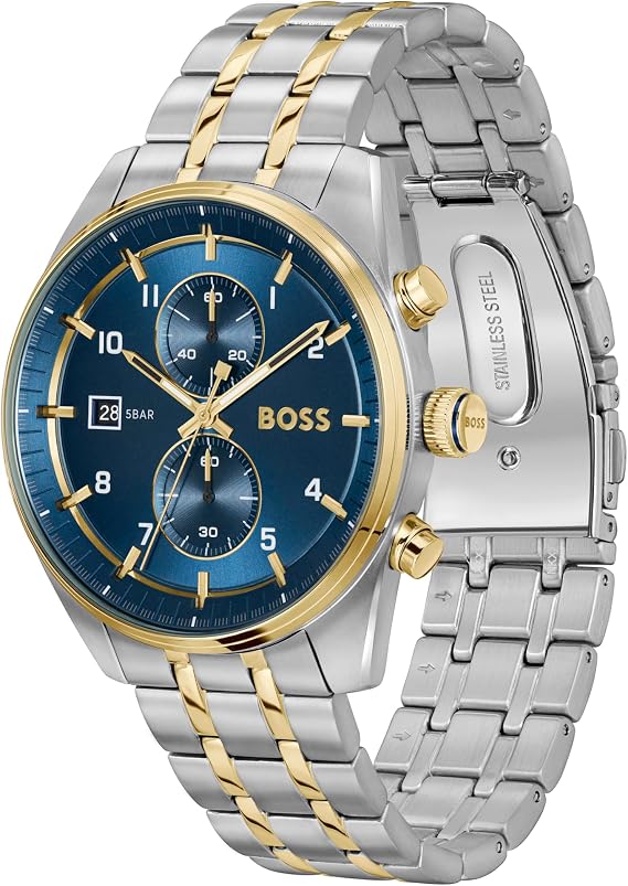 BOSS Chronograph Quartz Watch for Men SKYTRAVELLER Collection with Leather or Stainless Steel Strap