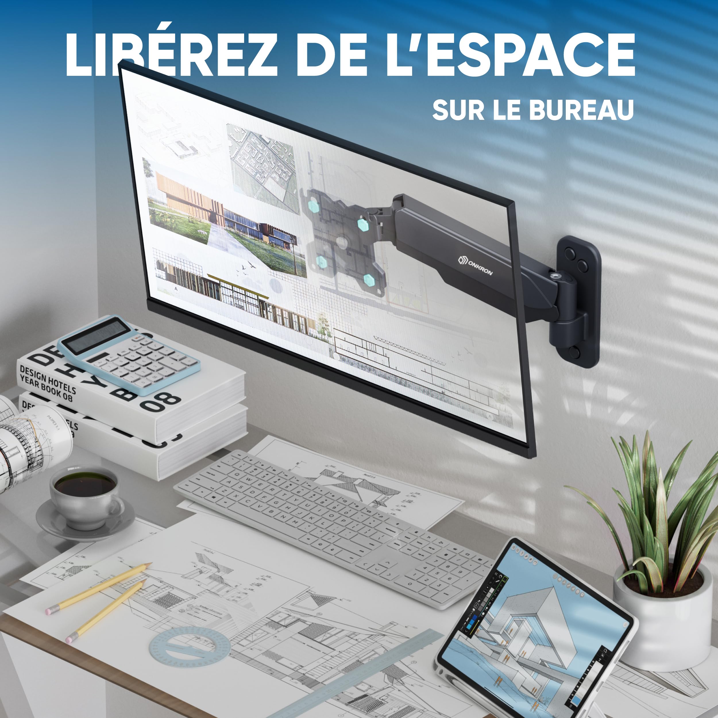ONKRON Support Ecran PC Mural pour 13" - 34" Moniteur & TV Jusqu’à 8 kg, Support Mural Ecran PC VESA 75x75 & 100x100, Bras Ecran PC, Bras Articulé Écran, Support Écran Ressort à Gaz Noir G120-B