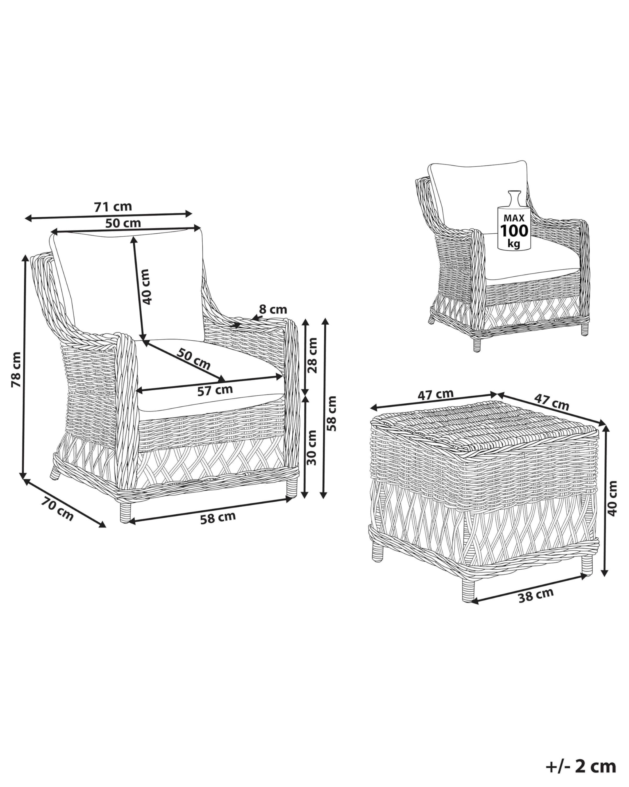 Poltrona da giardino in rattan naturale con cuscini in cotone bianco