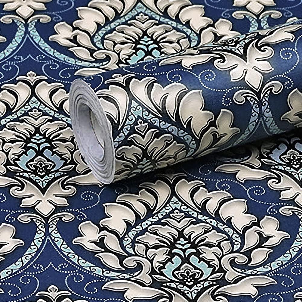 J9833 Damask Peel and Stick Wallpaper 17.7in x 9.8ft Navy Blue Vinyl 17.71inch x 118inch