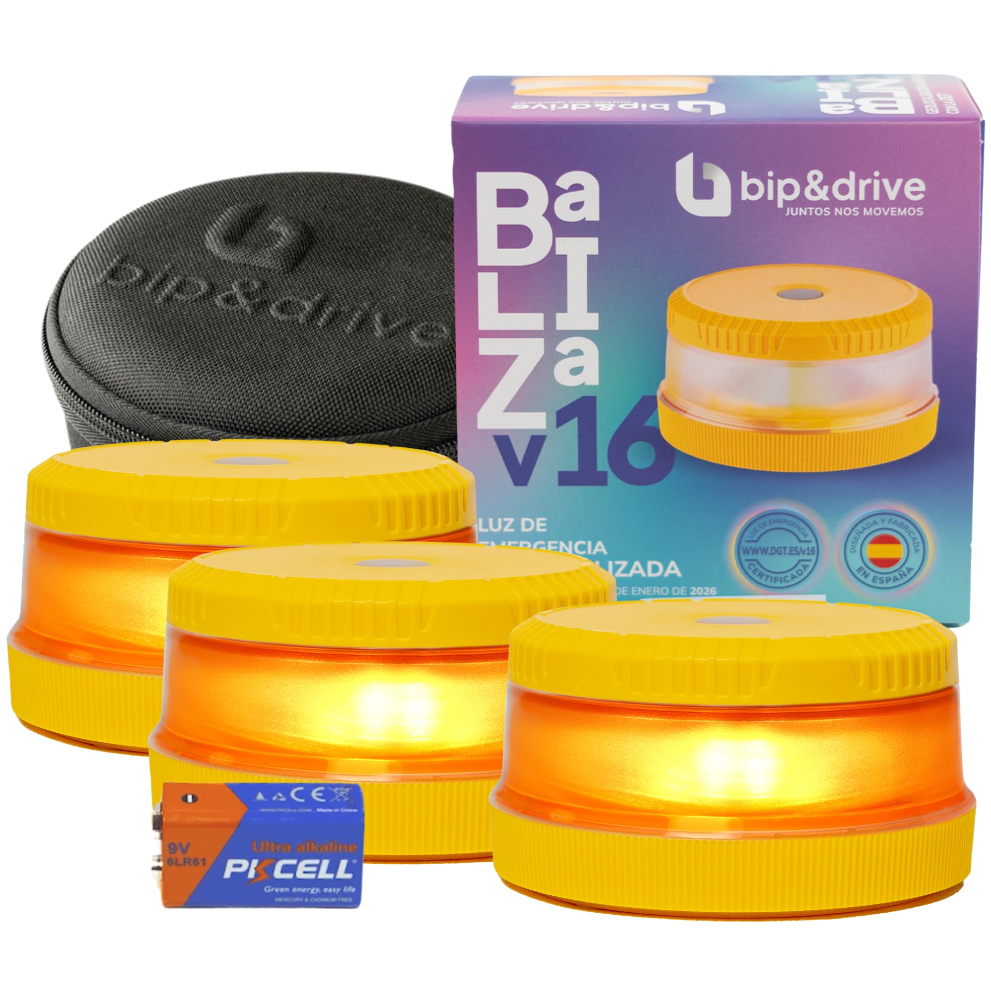 Beacon V16 Approved DGT with Geolocation | Emergency Light Car LED 360° 1 km | Connected DGT 3.0 | Rain Resistant | Battery Indicator | Bip&Drive (3 Beacons + 3 Cases)
