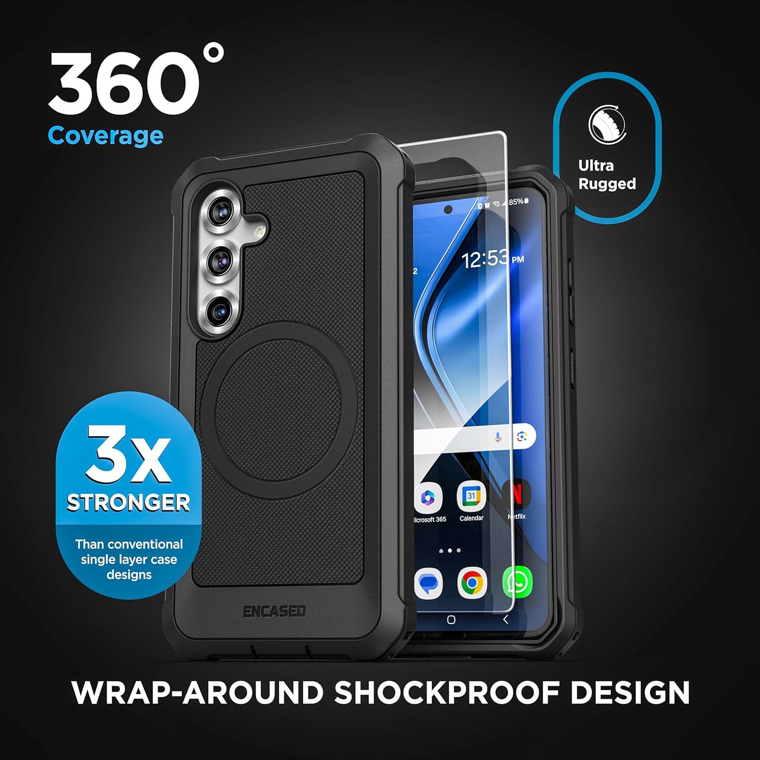 Encased Falcon Belt Case Compatible with Samsung Galaxy S25 Case with Holster Clip - Protective Case with Tempered Glass Screen Protector (S25)