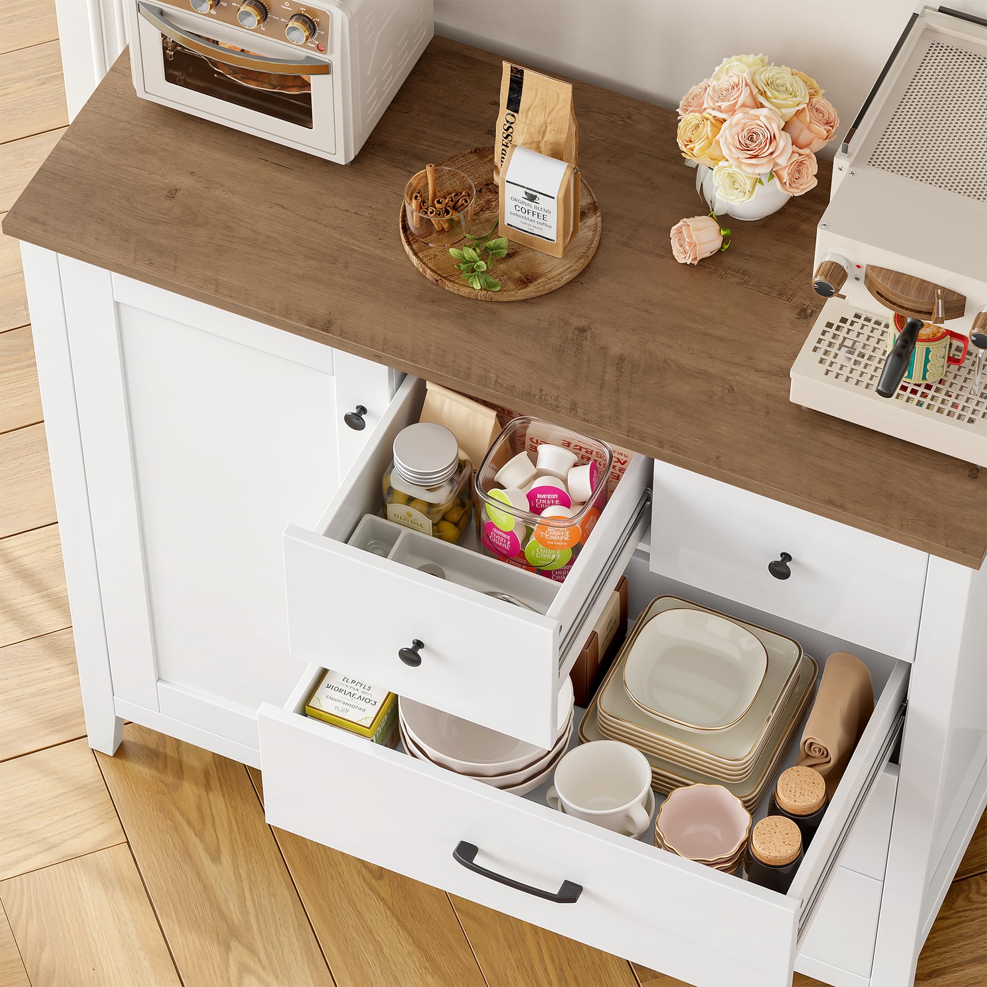 HOCSOK Küchenschrank Weiß, Sideboard mit 5 Schubladen und 1 Türe, Buffetschrank mit Arbeitsplatte für Küche, Esszimmer, Wohnzimmer, Flur, Holz, 100x94x40 cm
