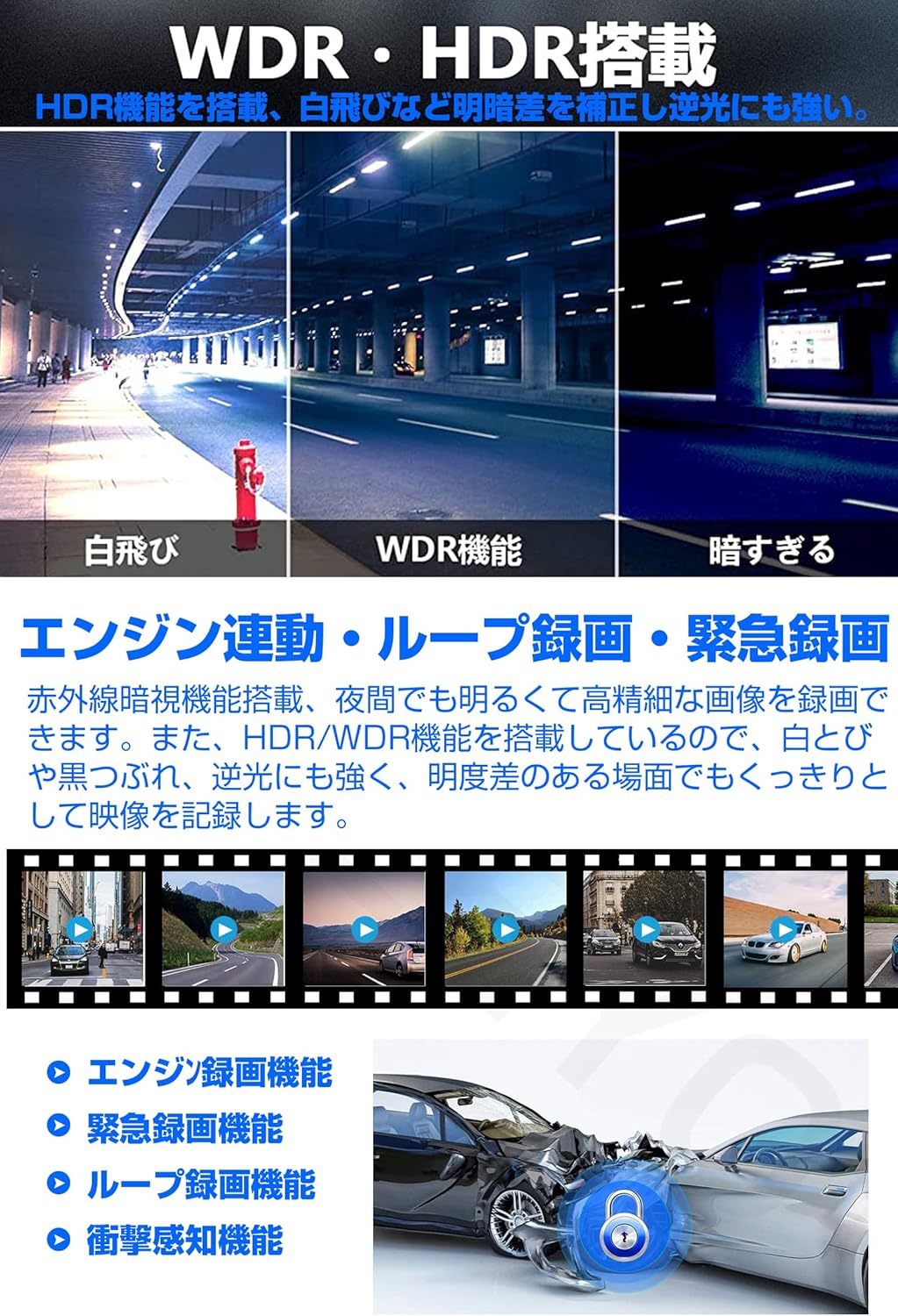 Image showing various driving scenarios and the dash cam's recording capabilities, including engine linkage, loop recording, emergency recording, and impact detection.