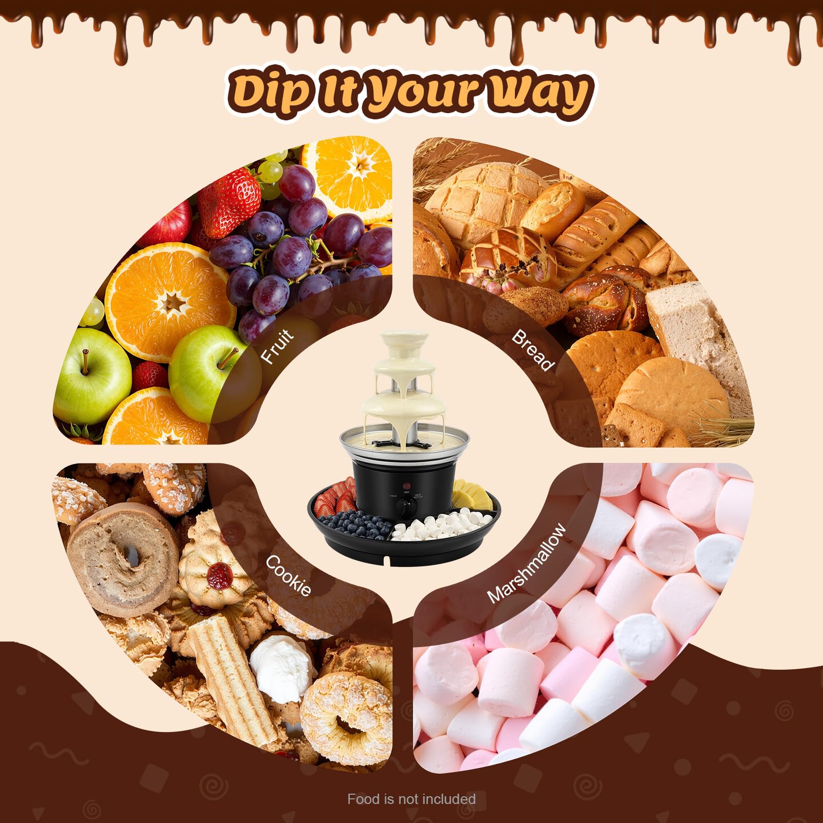 Fontana di Cioccolato Elettrico, Macchina per Fonduta Cascata 3 Livelli, Inox 430, Riscaldamento Continuo Capacità 0,45 kg, Ideale Frutta Marshmallow Biscotti, Serata Compleanno Matrimonio, 26 x 27 cm