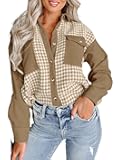 Womens Corduroy Color Block Button Down Shirts Casual V Neck Plaid Long Sleeve Oversized Blouses Tops