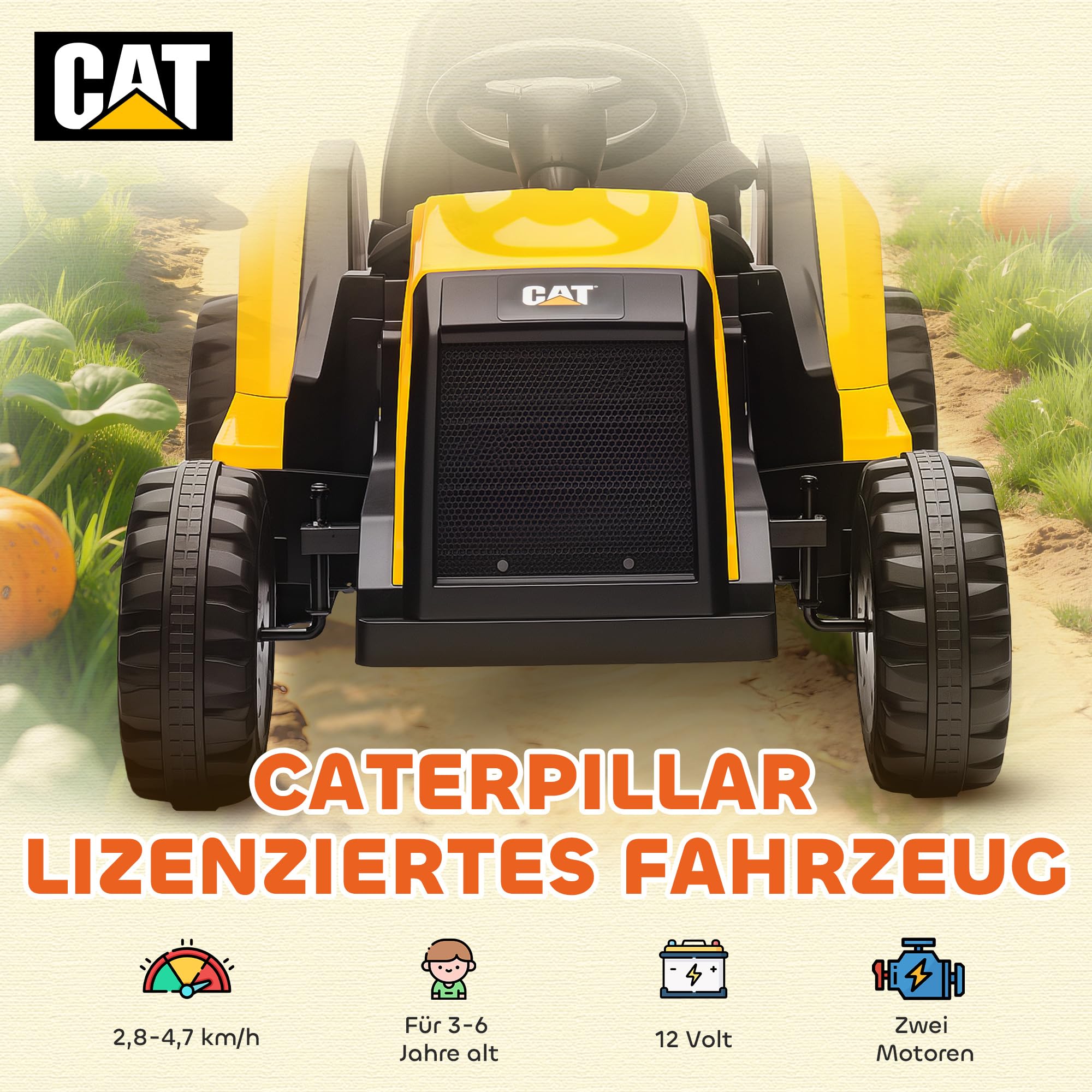 AIYAPLAY Elektrischer Traktor CAT-Lizenziert 12 V Musik 3-6 Jahre Gelb | Aufsitztraktor, 2,4G Fernbedienung, 2 Motor, Hinterradfederung, Langsamer Start und Stopp, Bluetooth, Elektrotraktor