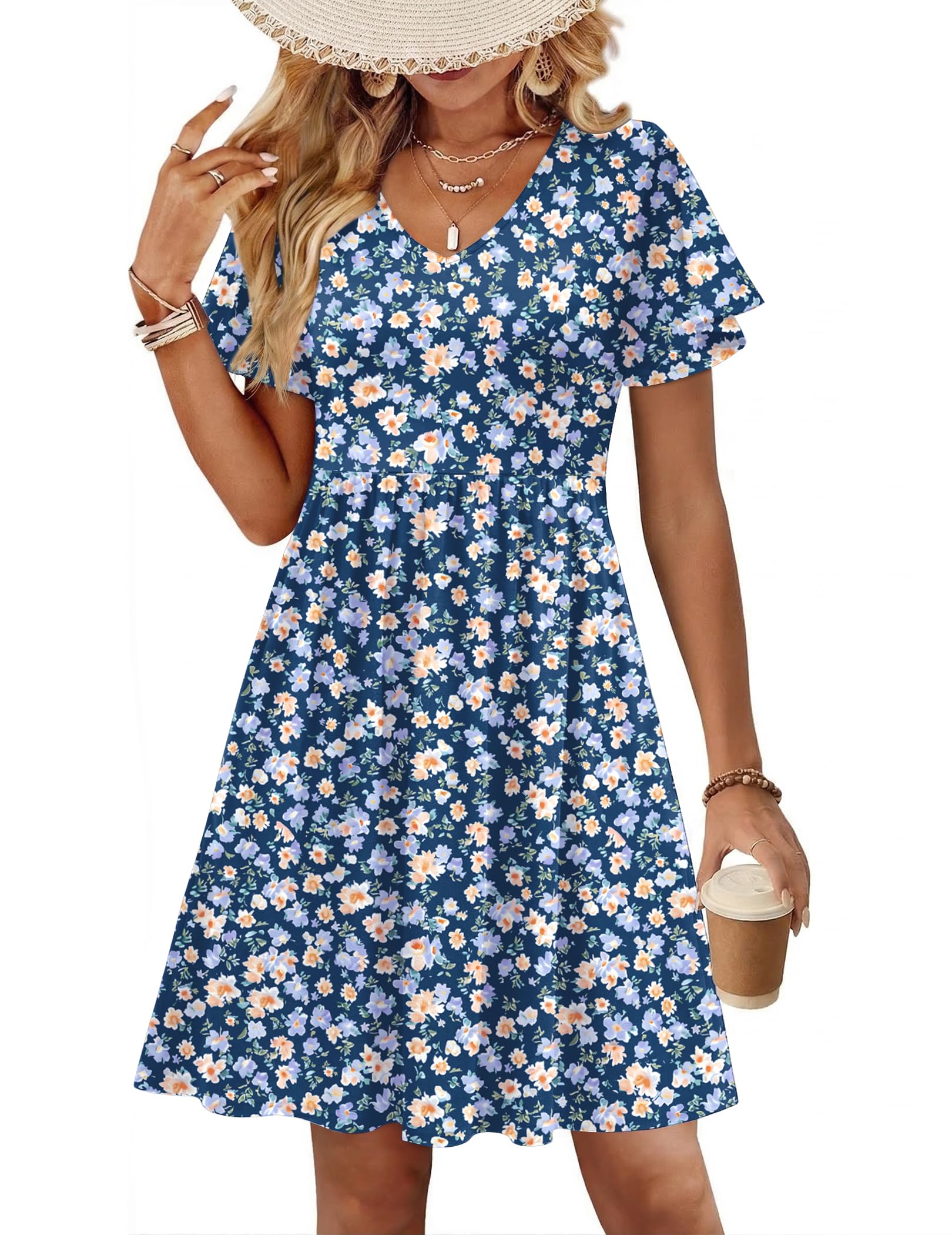 Zeagoo Womens Summer Dress Casual Swing Sundresses Floral Ruffle Short Sleeve Wedding Guest Dress Beach Mini Dress 2026