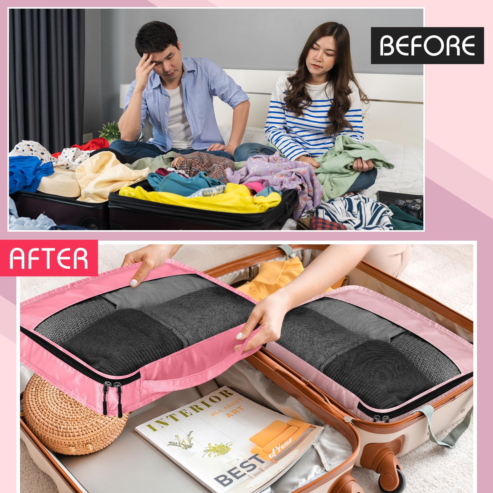 5 cubos de equipaje para maleta, cubos grandes de viaje, bolsas organizadoras de equipaje para accesorios de ropa (M,rosa)