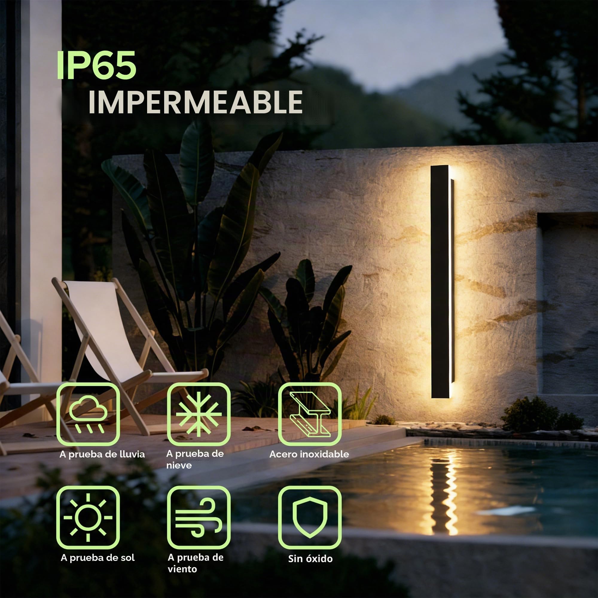 auralab Aplique Pared Exterior Largo 100cm, IP65 Impermeable Acrílico Apliques pared Largos, 3000K Lampara de Pared Larga LED Moderna Decorativa para Piscina, Salón y Porche, Negro