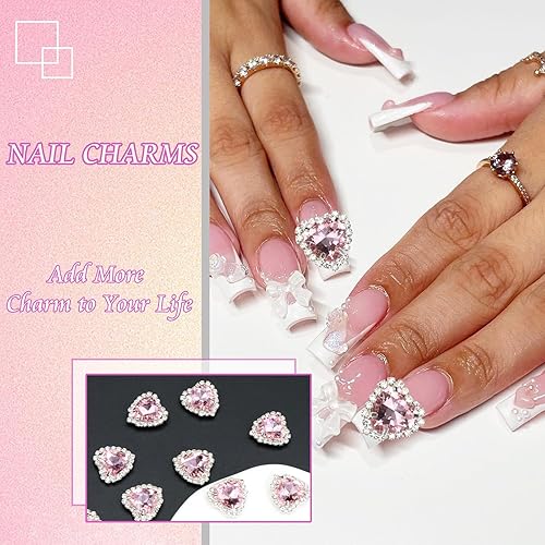 Miniatura 7 de Dijes de arte de uñas de corazón de 0.472 pulgadas, 10 piezas de diamantes de imitación de cristal 3D, dijes de uñas de diamante rosa brillante con