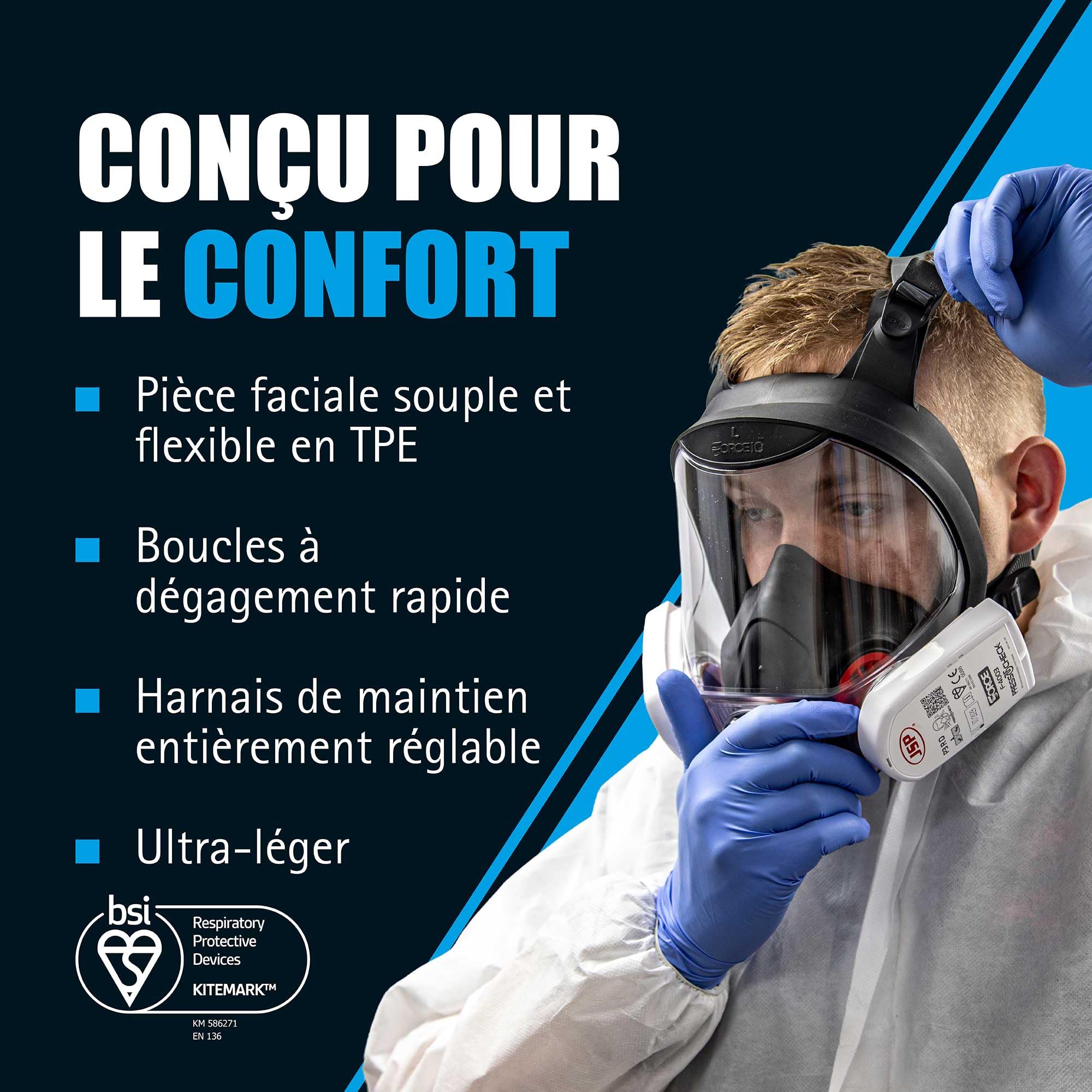 JSP FORCE10 Typhoon Masque Complet Réutilisable Taille L | Compatible filtres PressToCheck pour poussières, vapeurs, gaz, peinture. Sans filtre. EN 136 certifié.