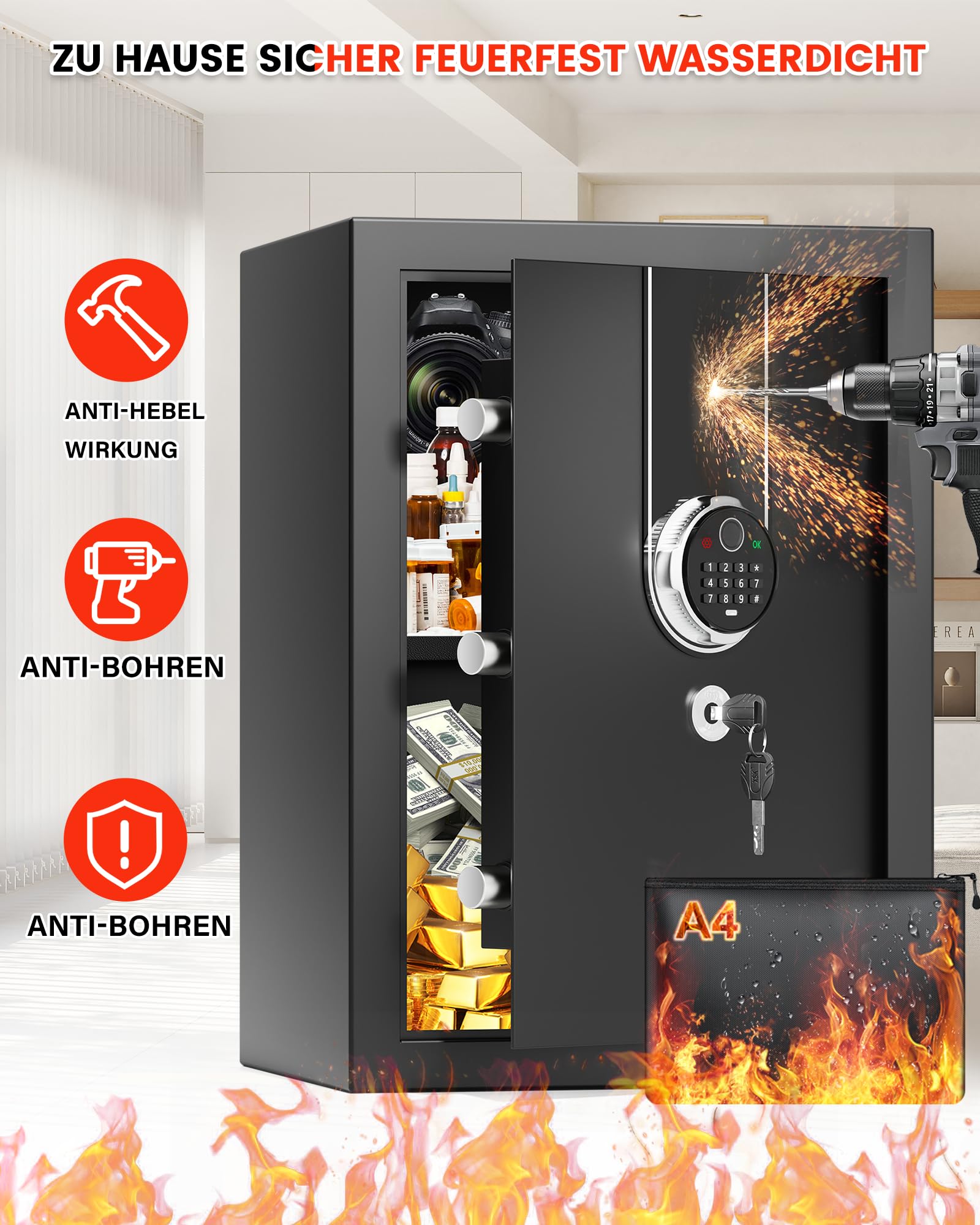 Tiskgg Coffre-fort ignifuge pour la maison avec sac ignifuge, coffre-fort numérique avec étagère amovible et système d'alarme (67 l)