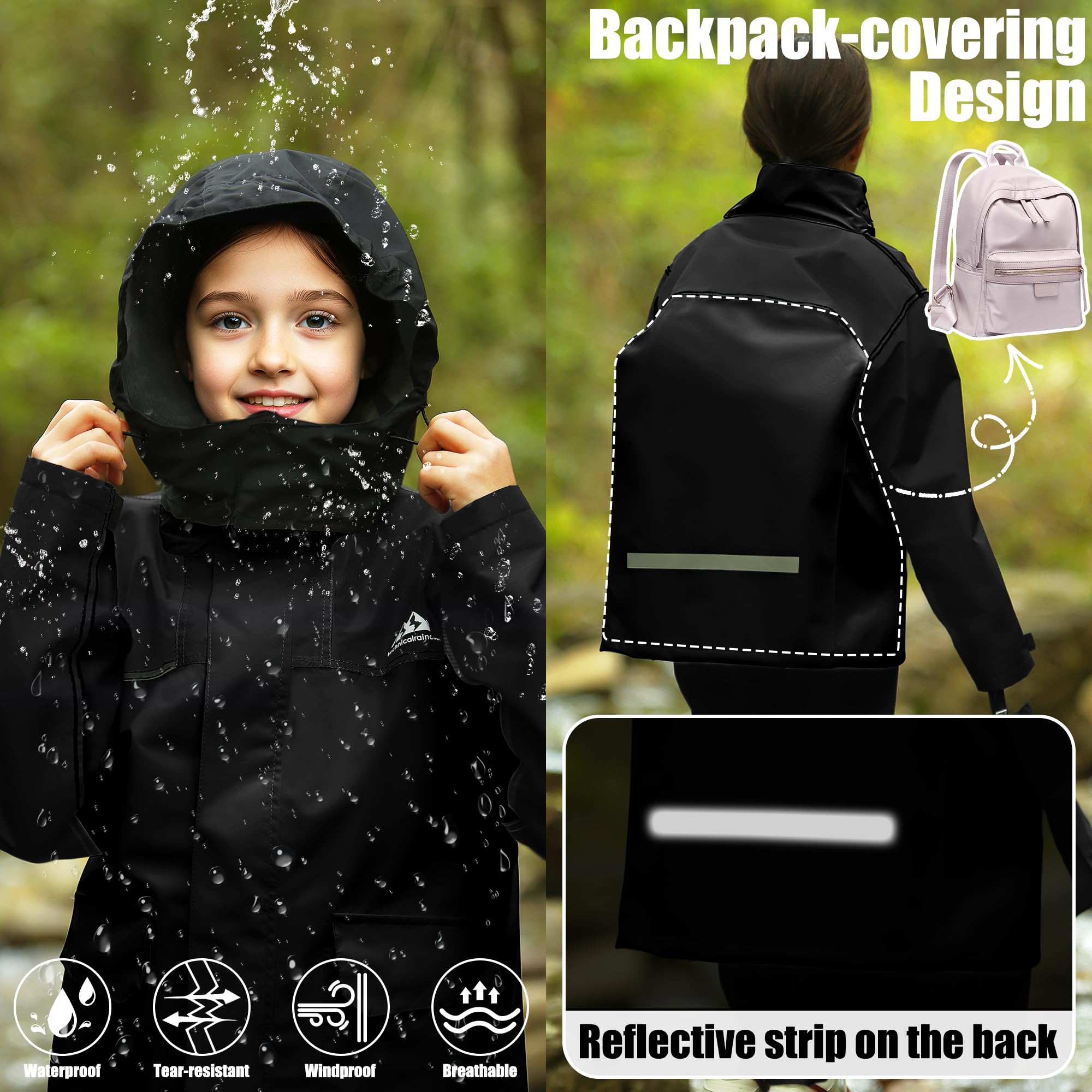 Tuta Impermeabile Bambini, Leggero Antipioggia Giacca con Cappuccio e Pantaloni Set, Unisex Ragazze Ragazzi Impermeabili Pioggia Completo Sportivo All'aperto Abbigliamento per 8-14 anni