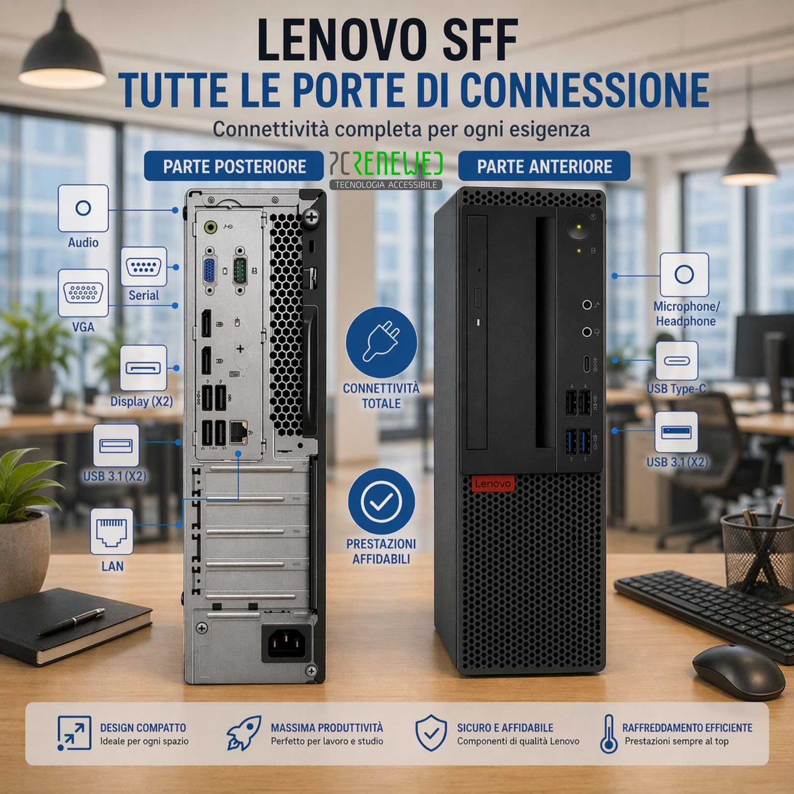 Lenovo PC Fisso Completo SFF i5-9500 16GB RAM 512GB SSD + Monitor 27" Full HD NUOVO | Windows 11 Pro + Office 2021 | WiFi | Desktop Ufficio Casa Pronto all’Uso (Ricondizionato + Nuovo) (PC+Minitor)