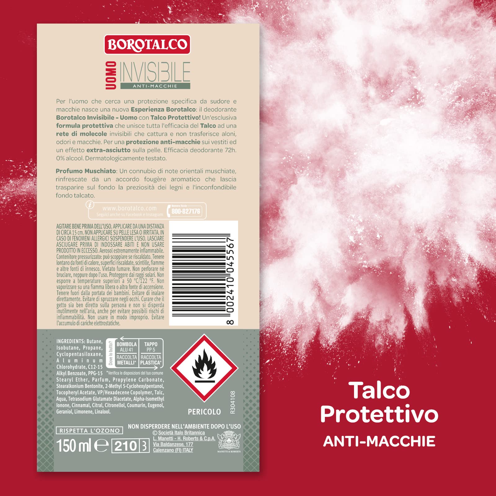 Borotalco, Deodorante Uomo Spray Invisibile, con Talco Protettivo, Anti-Macchie, Senza Alcool, Profumo Muschiato, 72h efficacia - 4 Pezzi da 150 ml - Esclusiva Amazon